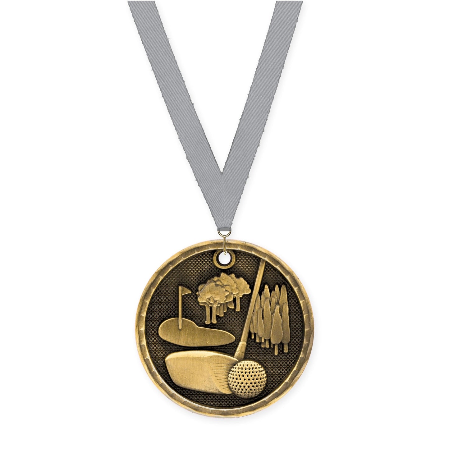 2 inch golf 3-D medal in antique gold with Gray neck ribbon