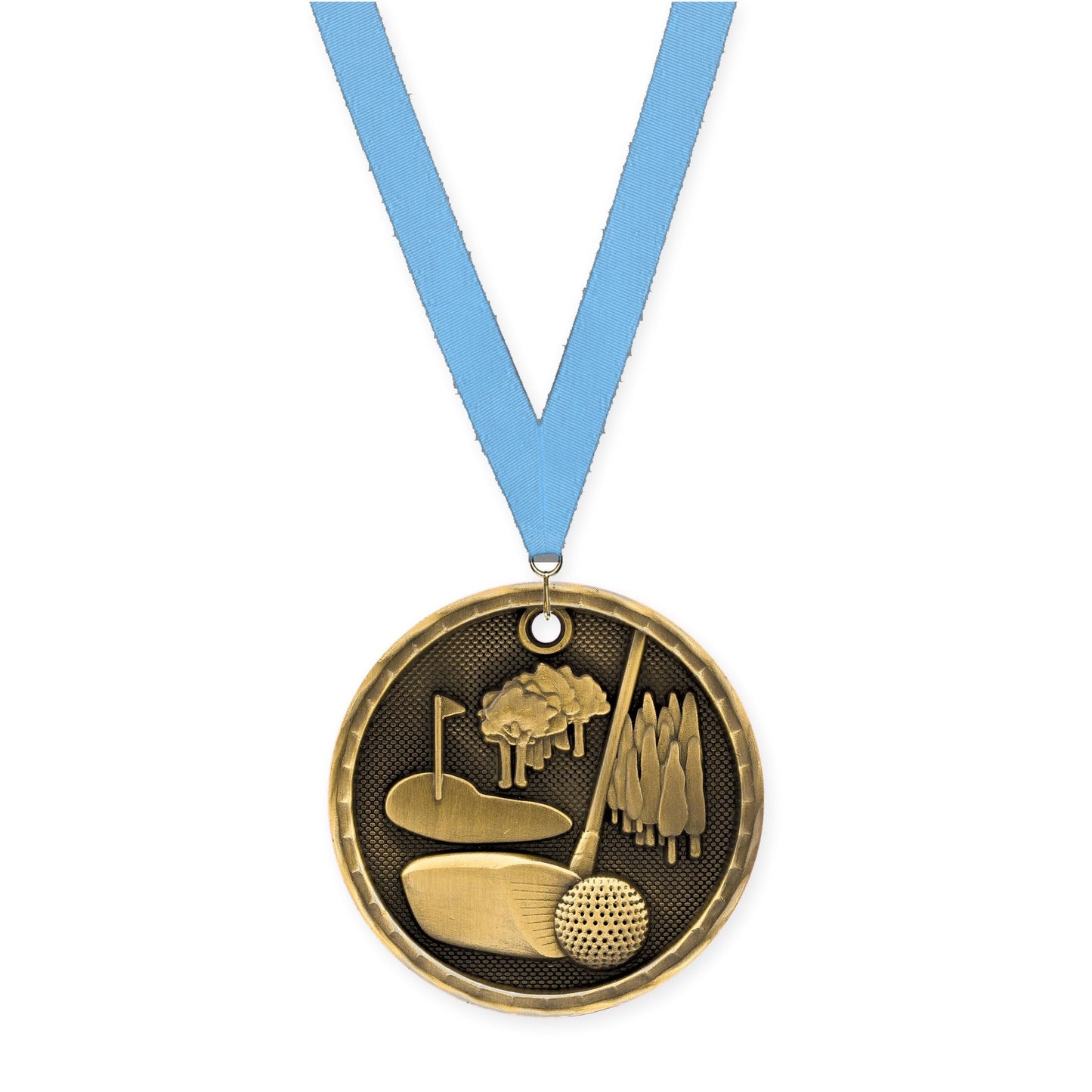 2 inch golf 3-D medal in antique gold with Light Blue neck ribbon
