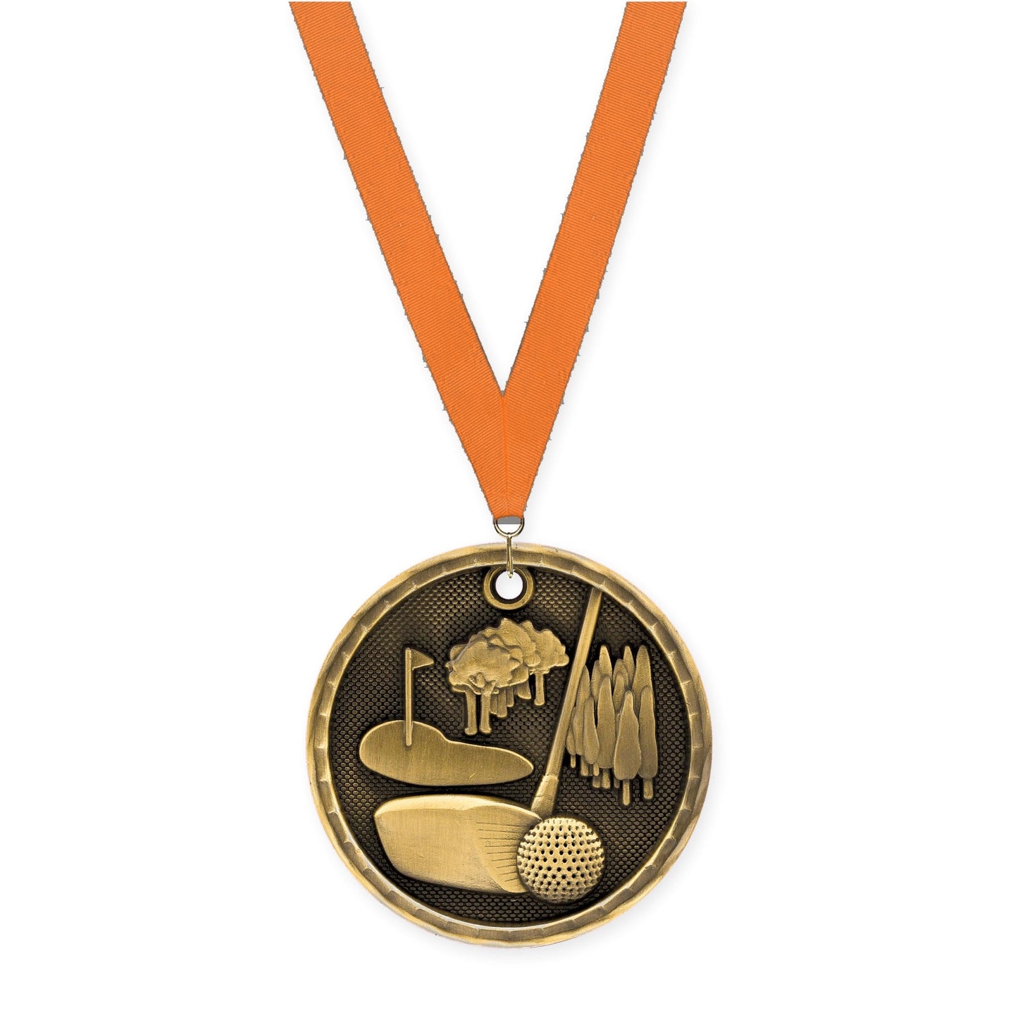 2 inch golf 3-D medal in antique gold with Orange neck ribbon