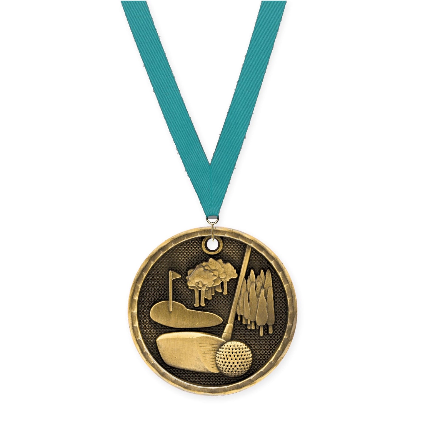 2 inch golf 3-D medal in antique gold with Teal neck ribbon