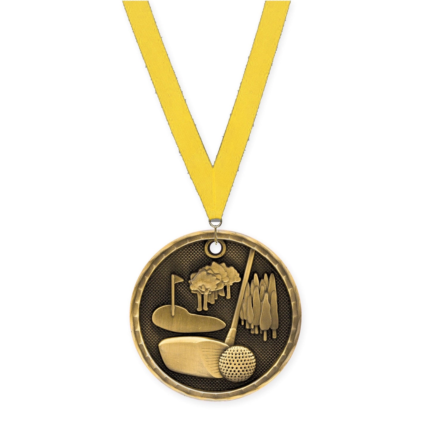 2 inch golf 3-D medal in antique gold with Yellow neck ribbon