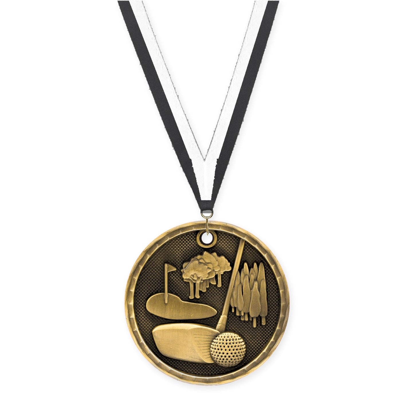 2 inch golf 3-D medal in antique gold with Black White neck ribbon