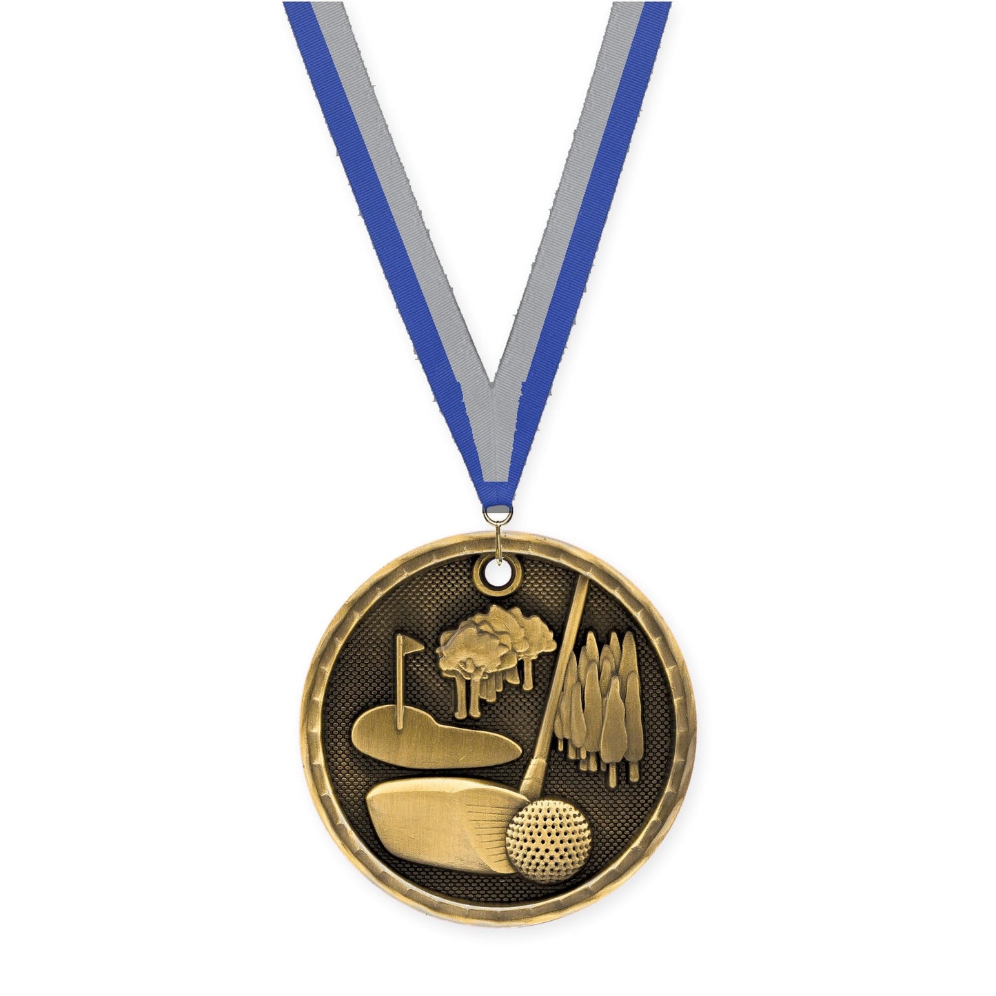2 inch golf 3-D medal in antique gold with Blue Gray neck ribbon