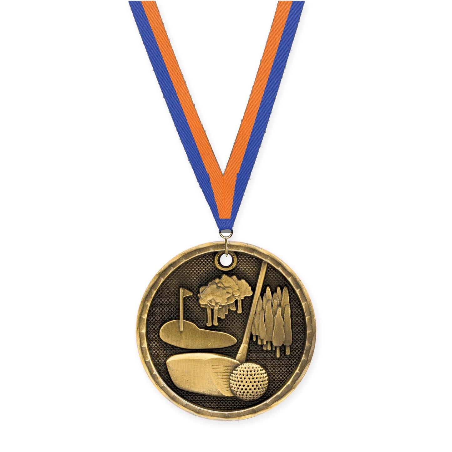 2 inch golf 3-D medal in antique gold with Blue Orange neck ribbon