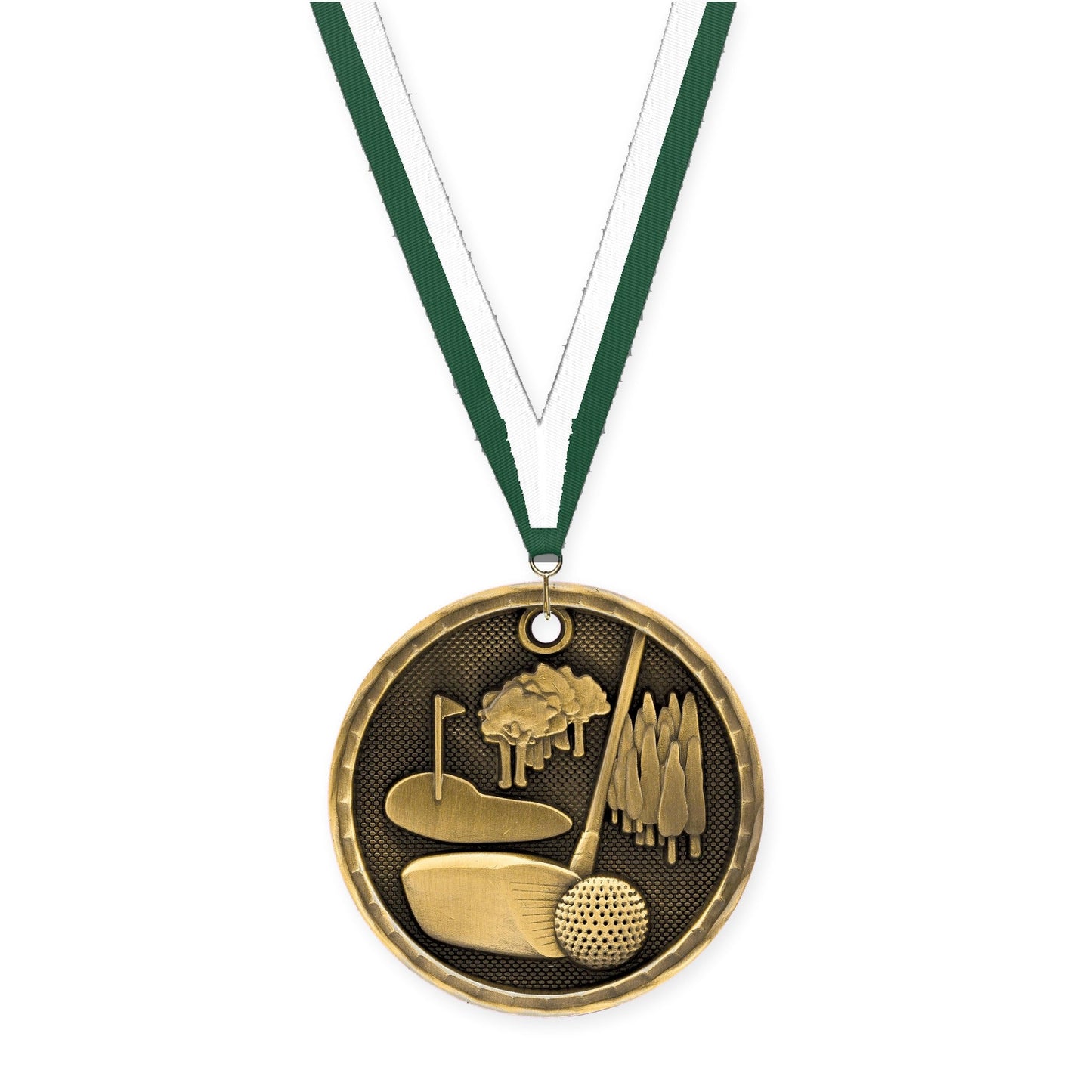 2 inch golf 3-D medal in antique gold with Hunter Green White neck ribbon