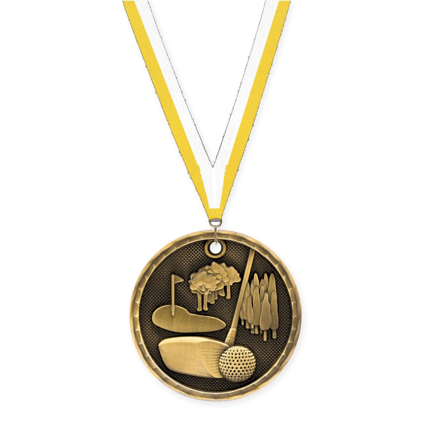 2 inch golf 3-D medal in antique gold with Yellow White neck ribbon