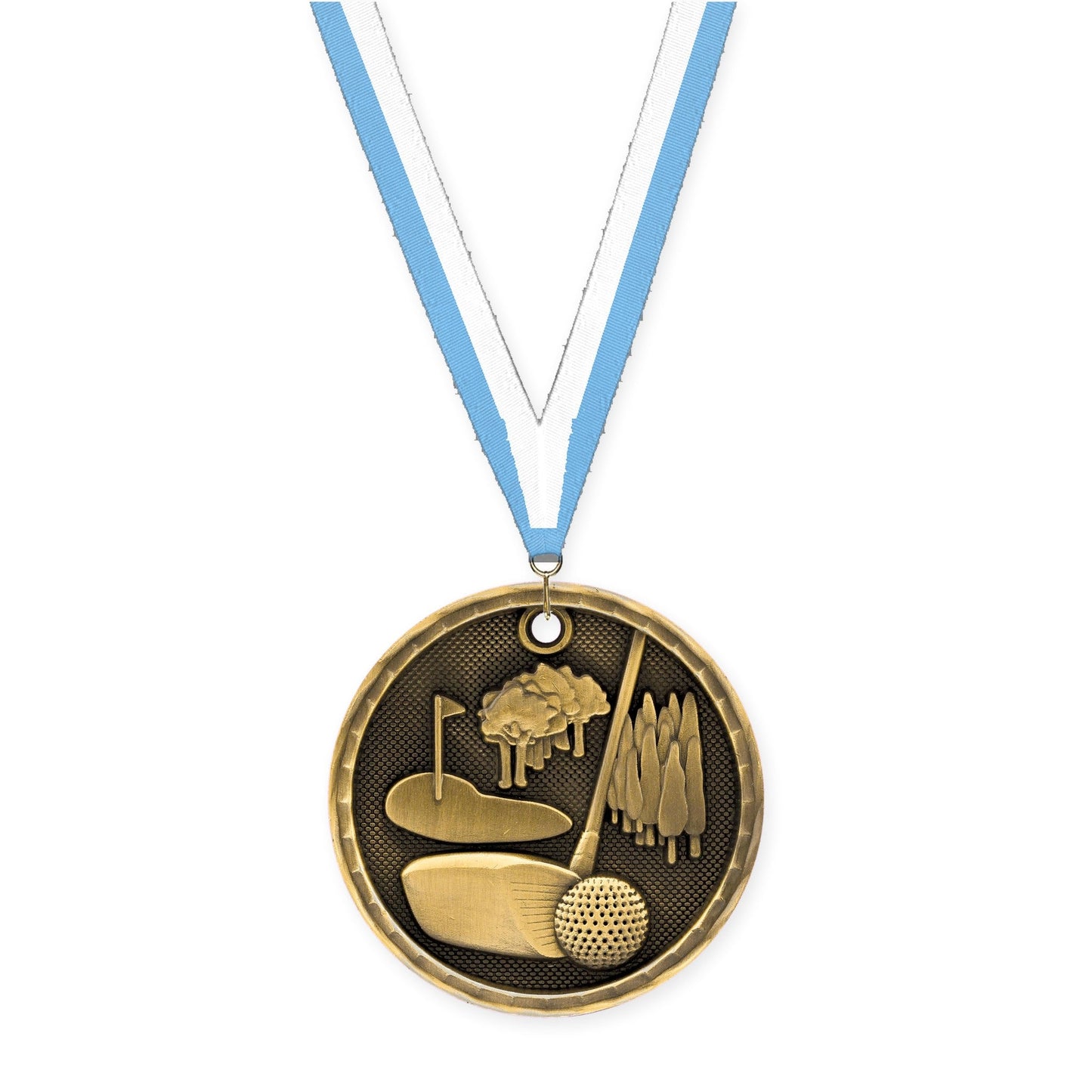 2 inch golf 3-D medal in antique gold with Light Blue White neck ribbon
