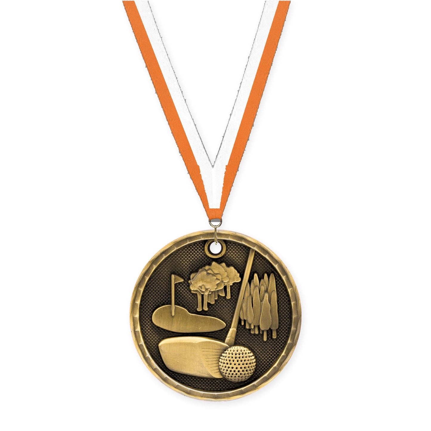 2 inch golf 3-D medal in antique gold with Orange White neck ribbon