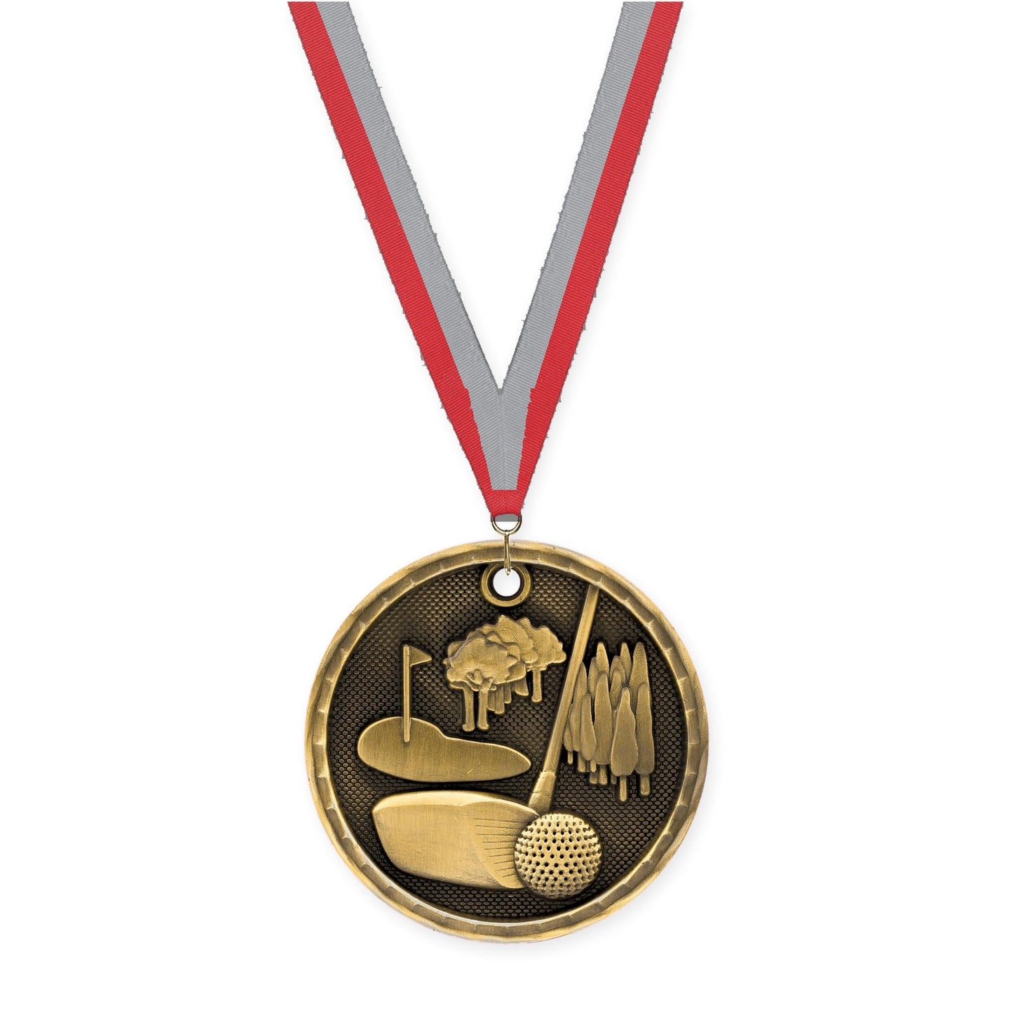 2 inch golf 3-D medal in antique gold with Red Gray neck ribbon