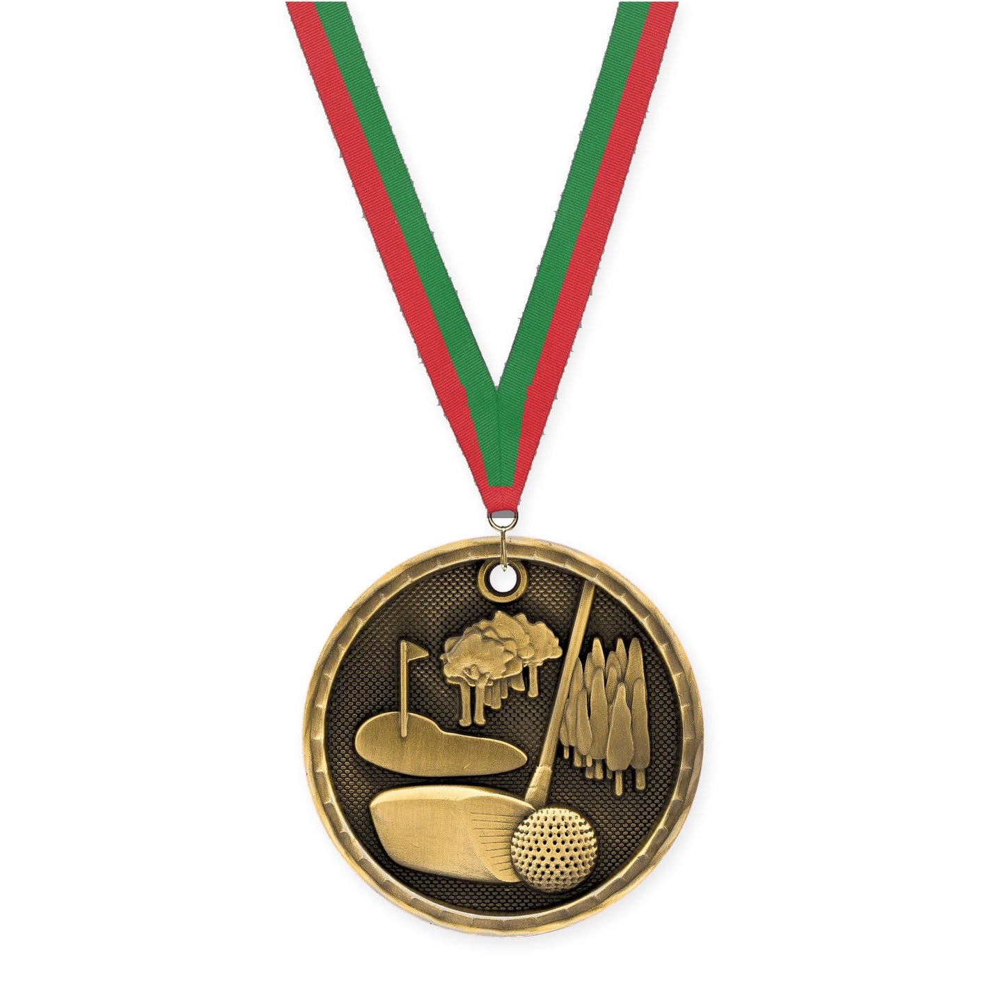 2 inch golf 3-D medal in antique gold with Red Green neck ribbon
