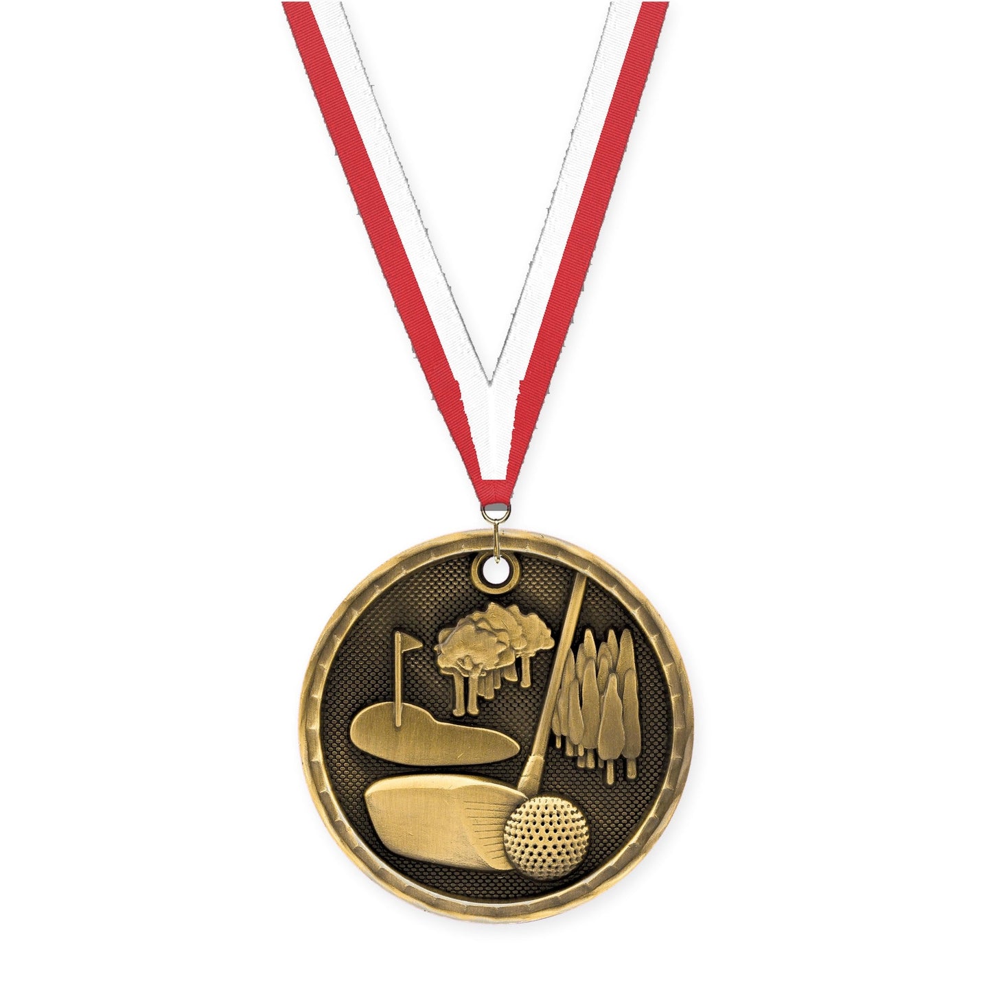 2 inch golf 3-D medal in antique gold with Red White neck ribbon