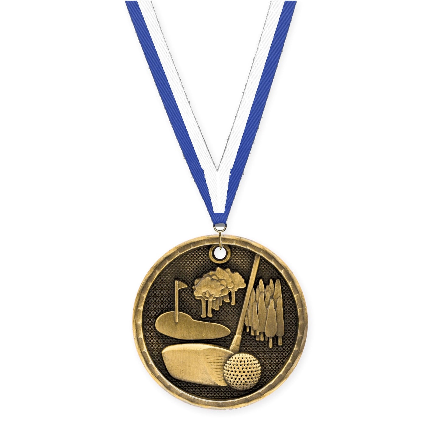 2 inch golf 3-D medal in antique gold with Blue White neck ribbon