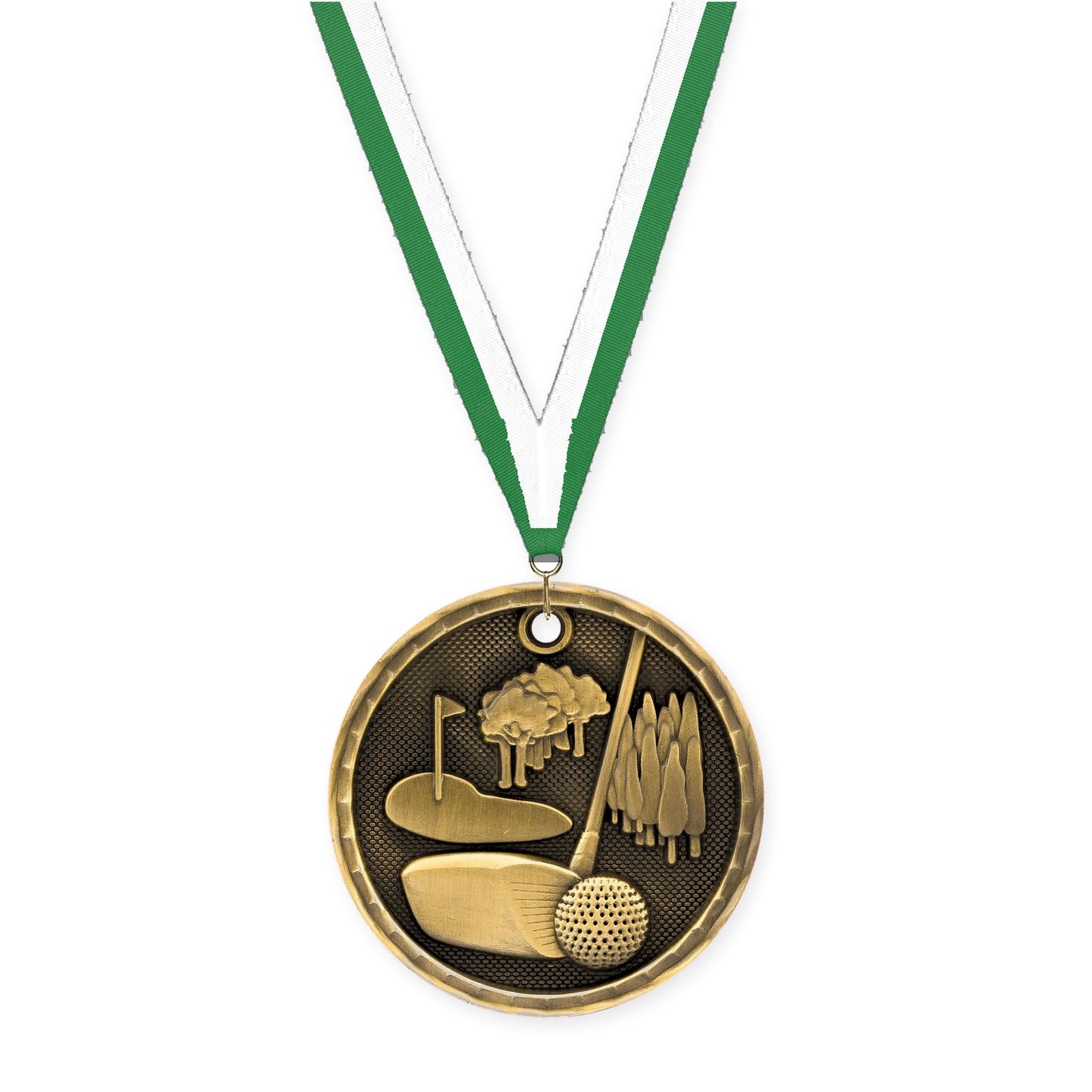 2 inch golf 3-D medal in antique gold with Green White neck ribbon