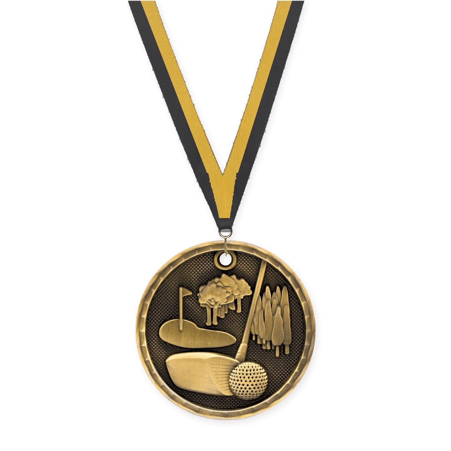 2 inch golf 3-D medal in antique gold with Black Gold neck ribbon