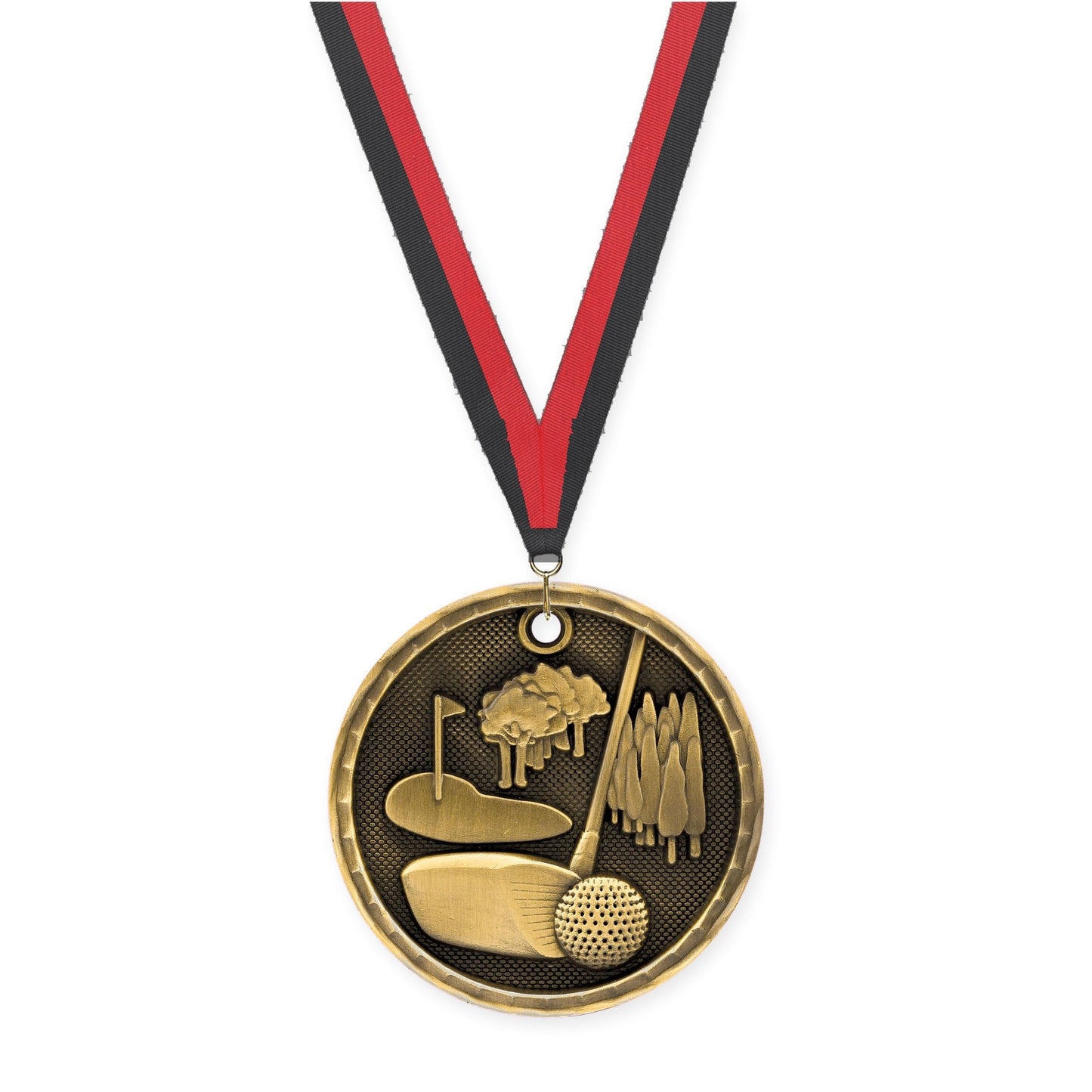 2 inch golf 3-D medal in antique gold with Black Red neck ribbon