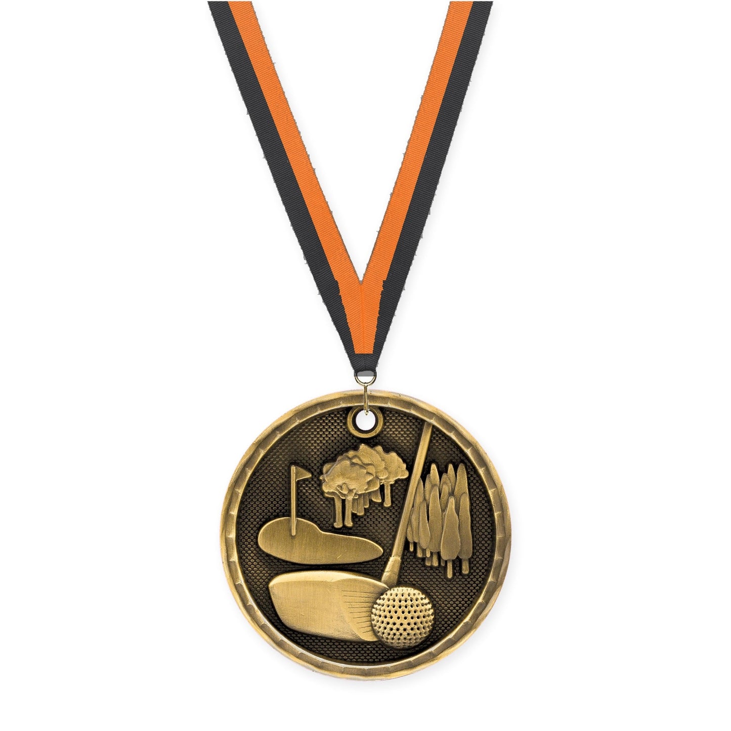 2 inch golf 3-D medal in antique gold with Black Orange neck ribbon