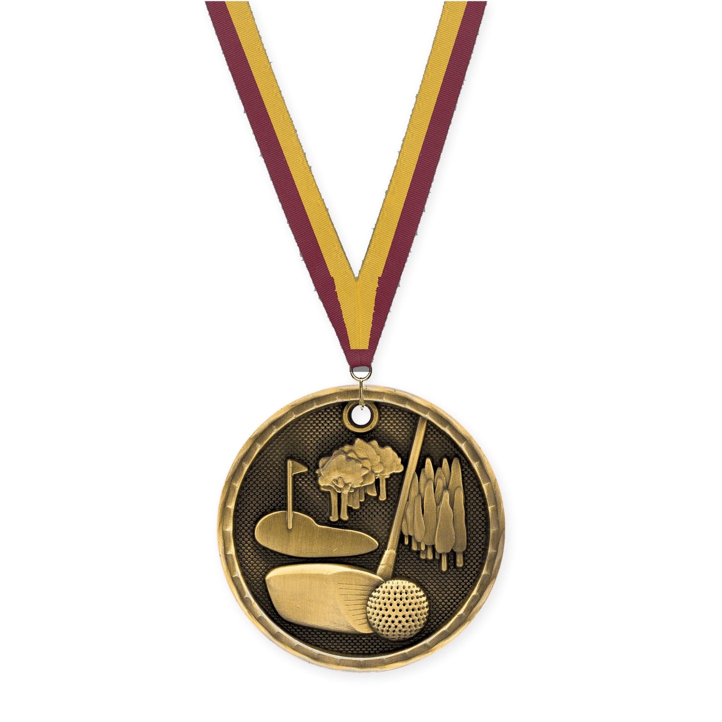 2 inch golf 3-D medal in antique gold with Maroon Gold neck ribbon