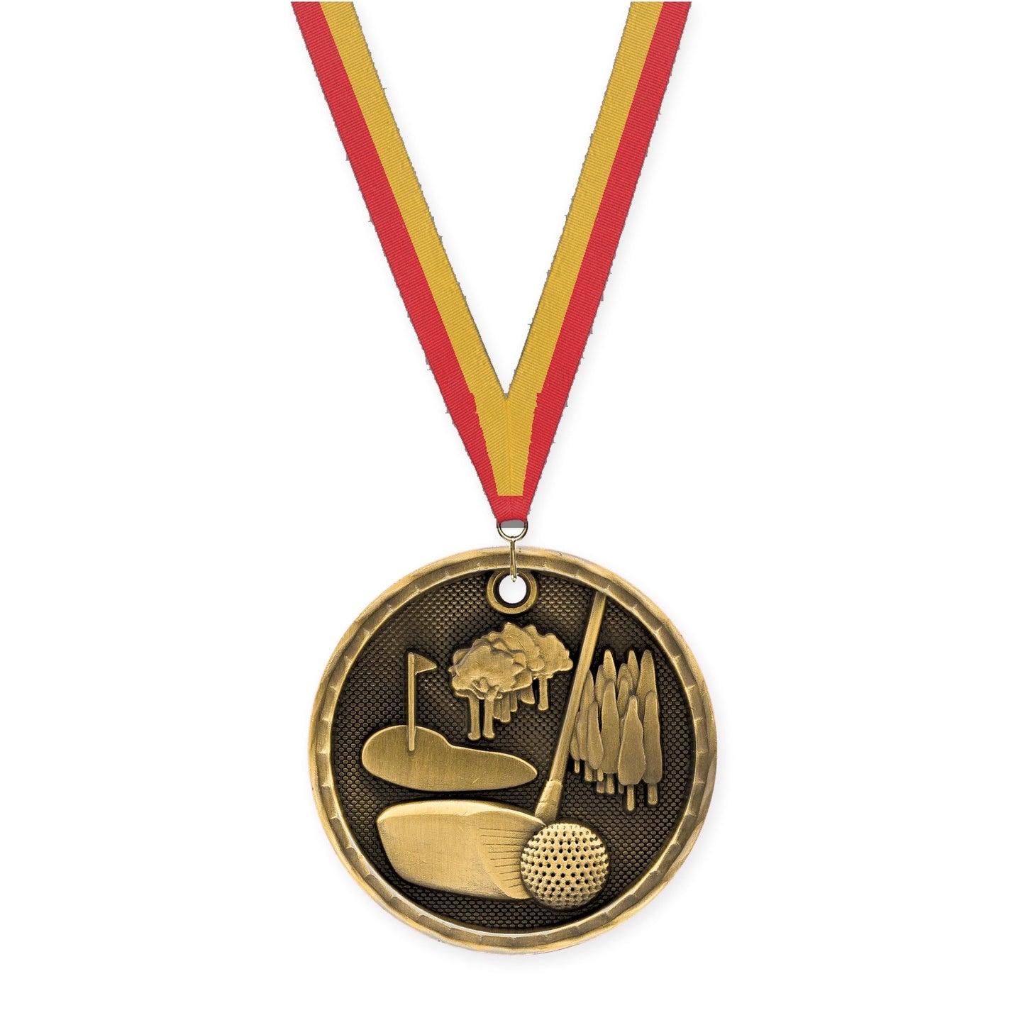 2 inch golf 3-D medal in antique gold with Red Gold neck ribbon
