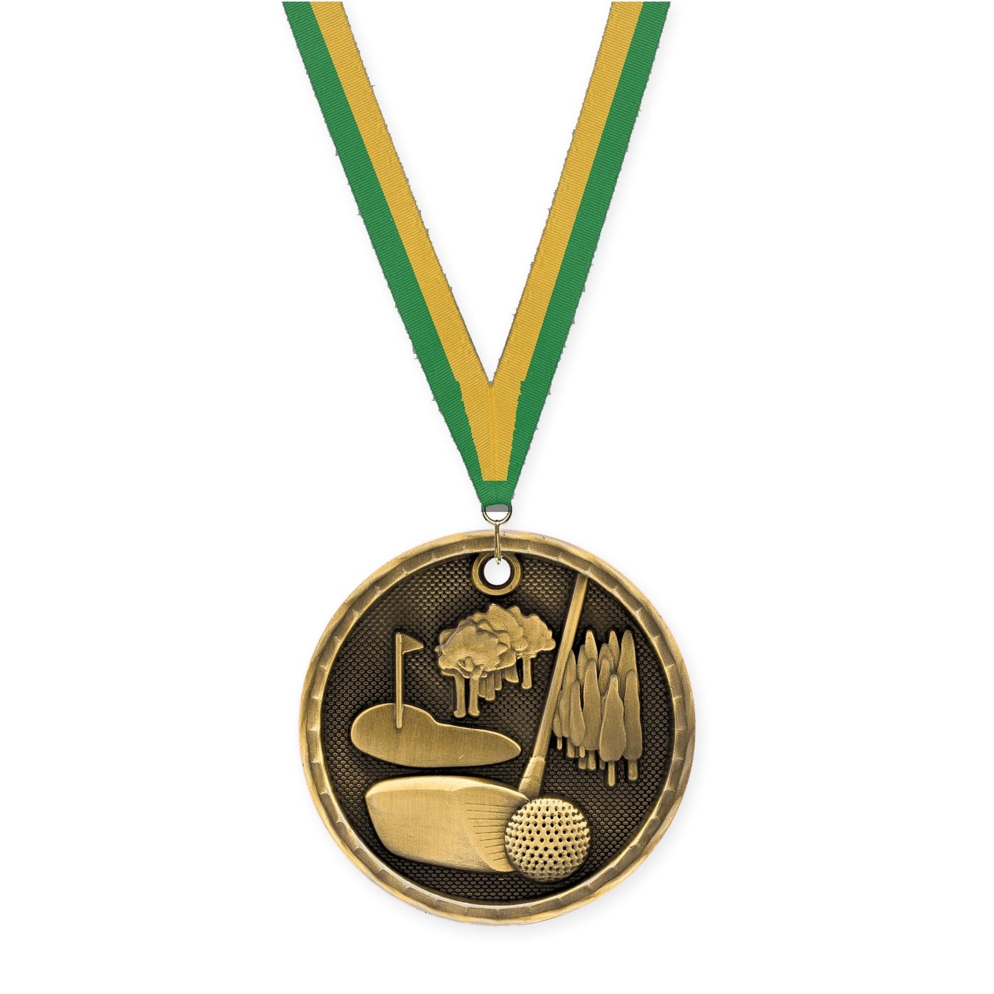 2 inch golf 3-D medal in antique gold with Green Gold neck ribbon
