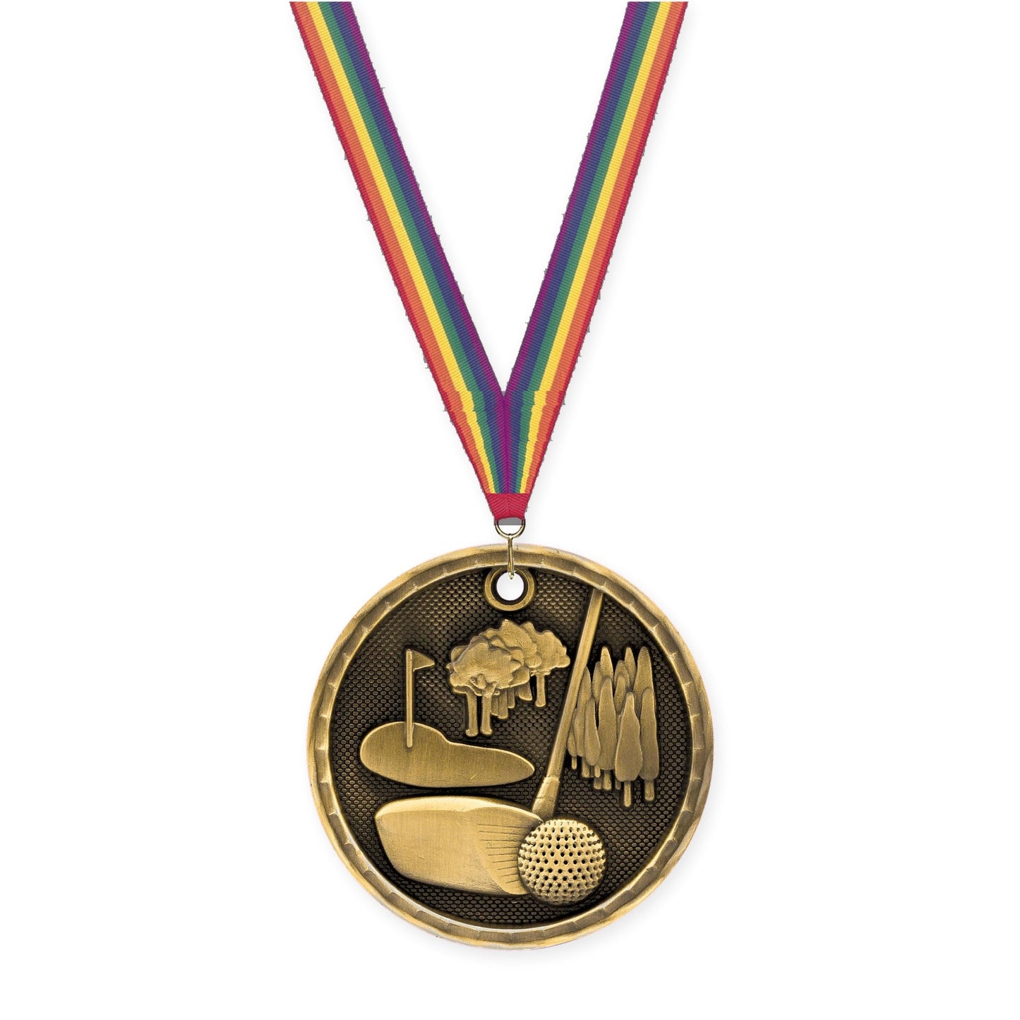 2 inch golf 3-D medal in antique gold with Rainbow neck ribbon