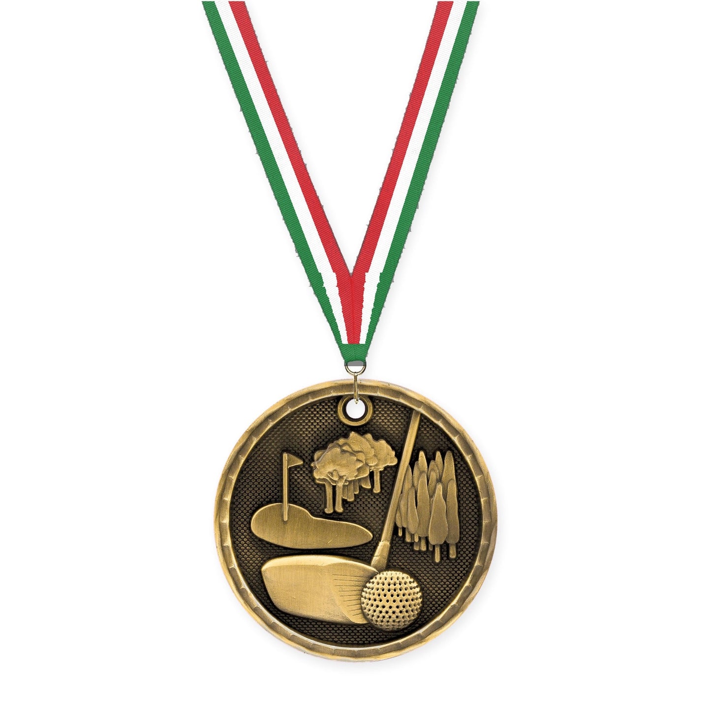 2 inch golf 3-D medal in antique gold with Green White Red neck ribbon