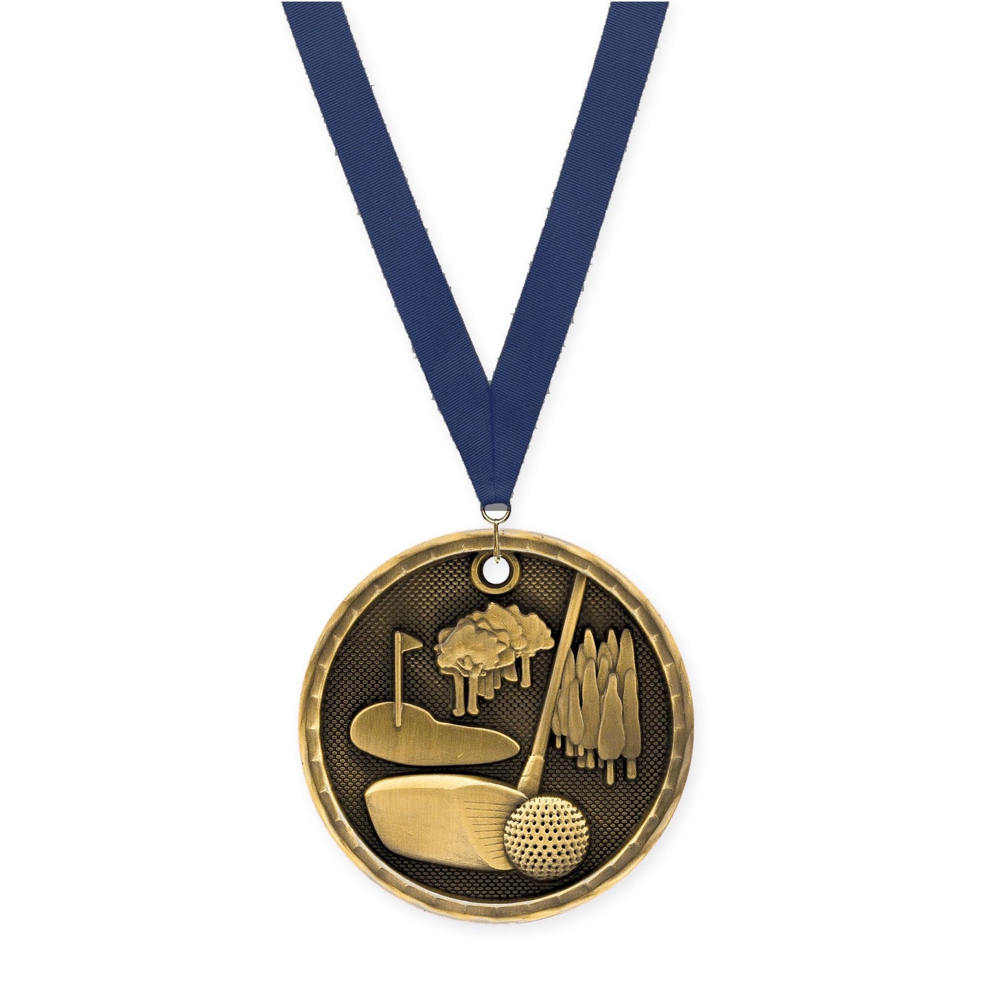 2 inch golf 3-D medal in antique gold with Navy neck ribbon