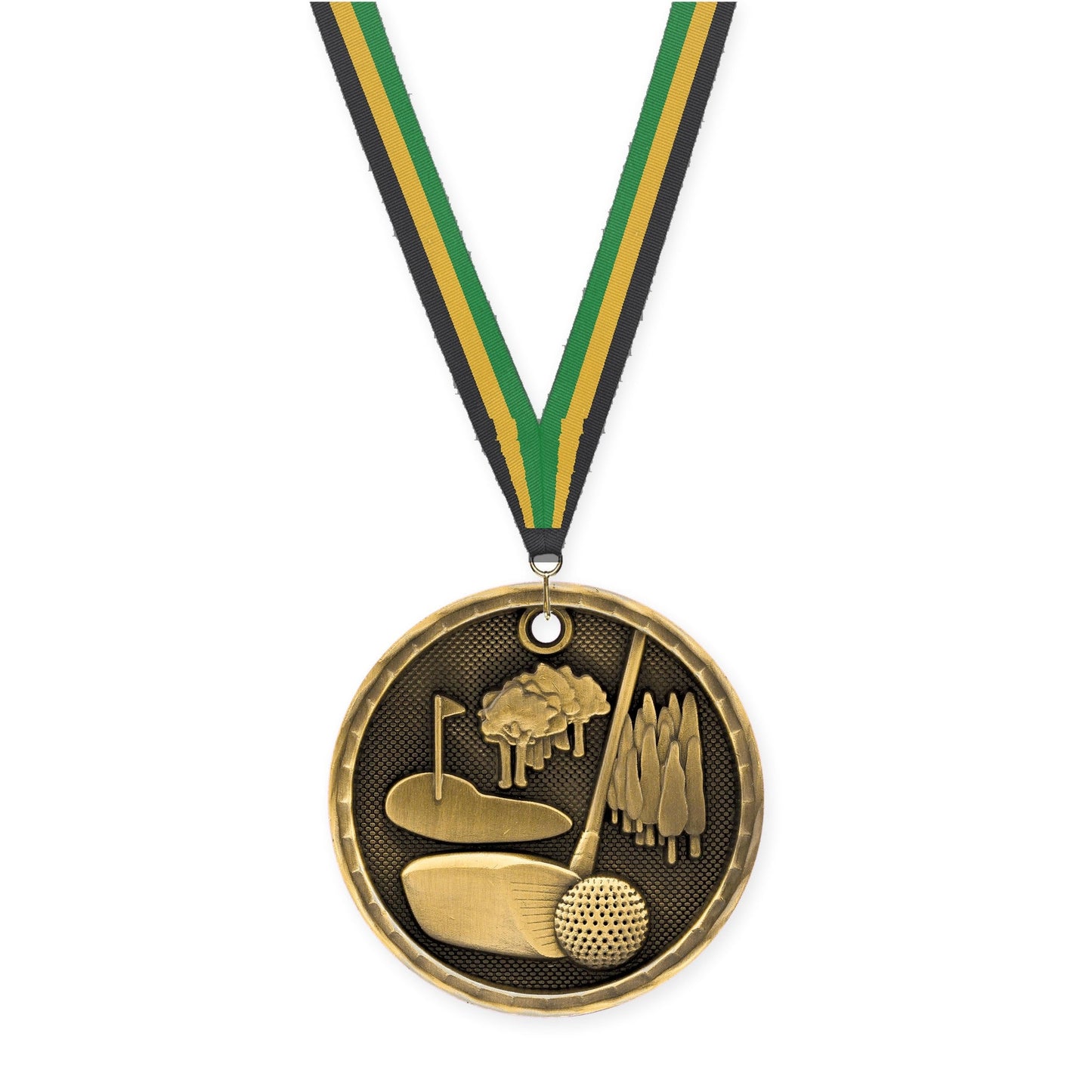2 inch golf 3-D medal in antique gold with Black Gold Green neck ribbon