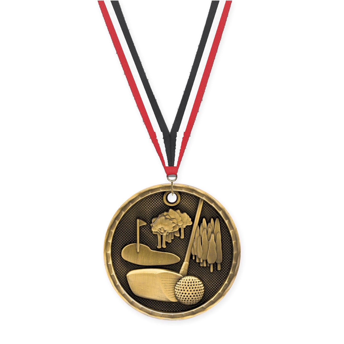 2 inch golf 3-D medal in antique gold with Red White Black neck ribbon