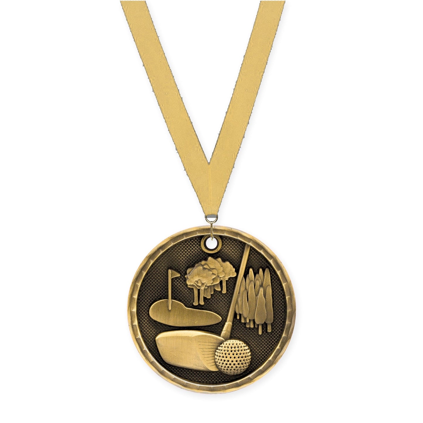 2 inch golf 3-D medal in antique gold with Gold Metallic neck ribbon
