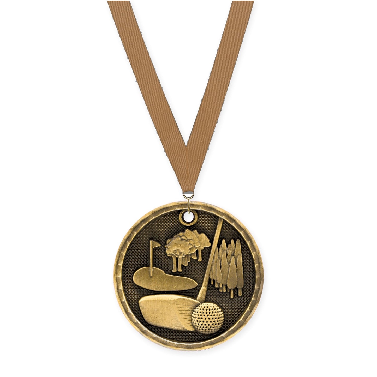 2 inch golf 3-D medal in antique gold with Bronze Metallic neck ribbon