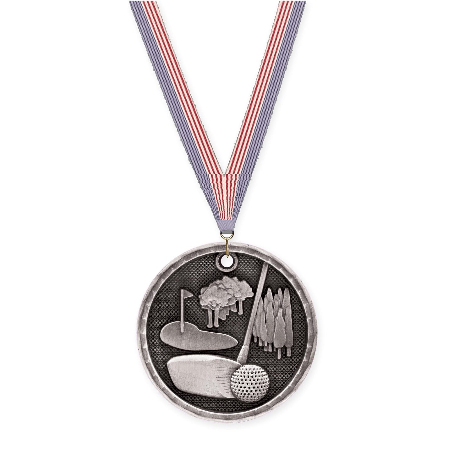 2 inch golf 3-D medal in antique silver with USA Flag neck ribbon