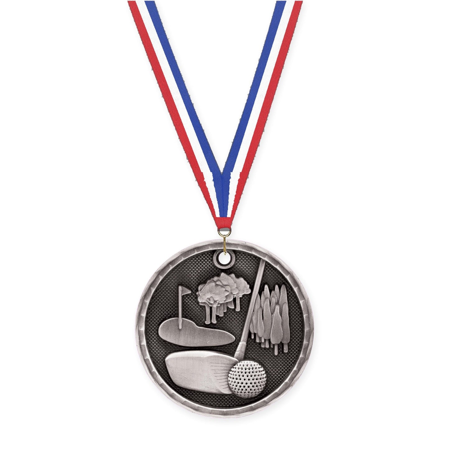 2 inch golf 3-D medal in antique silver with Red White Blue neck ribbon