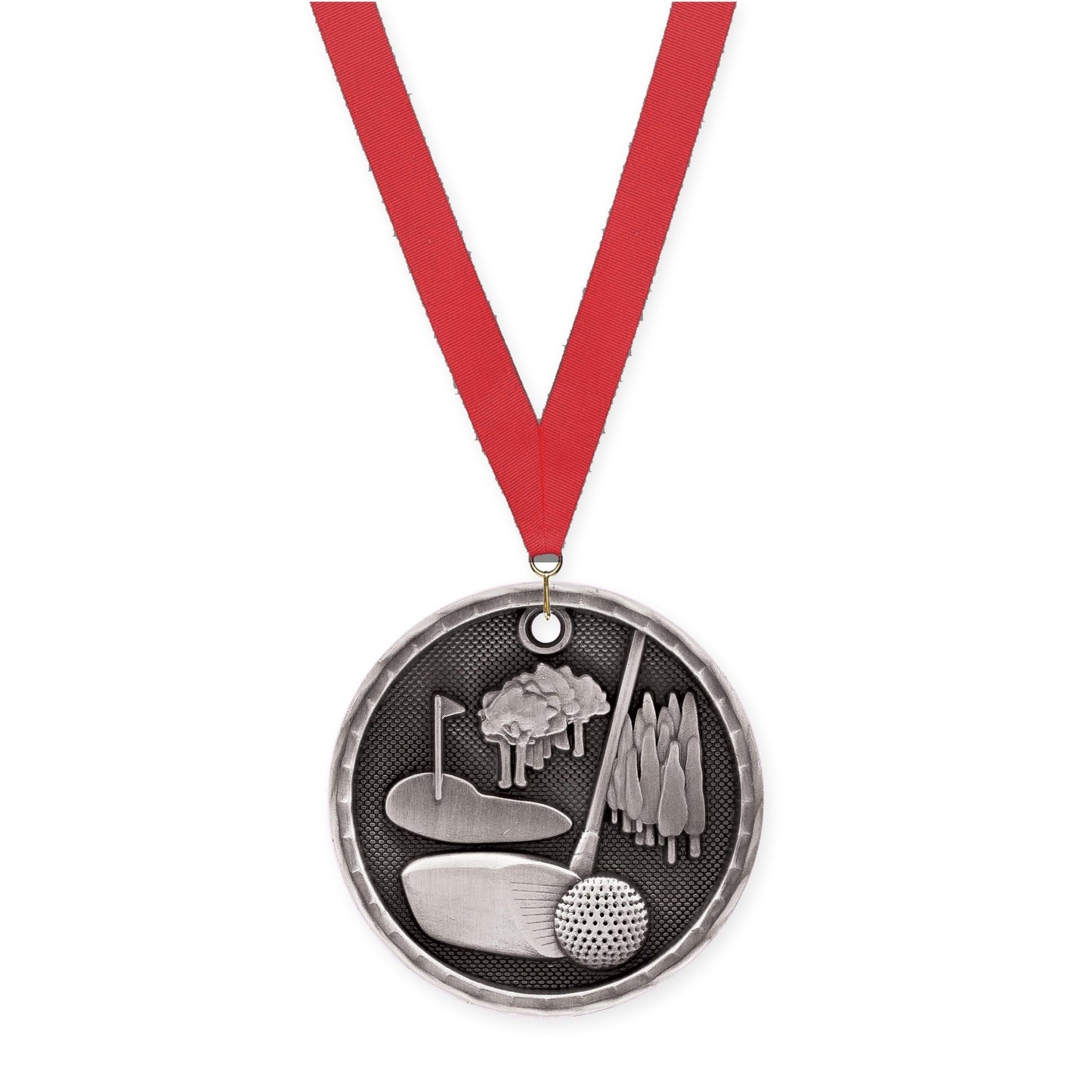 2 inch golf 3-D medal in antique silver with Red neck ribbon