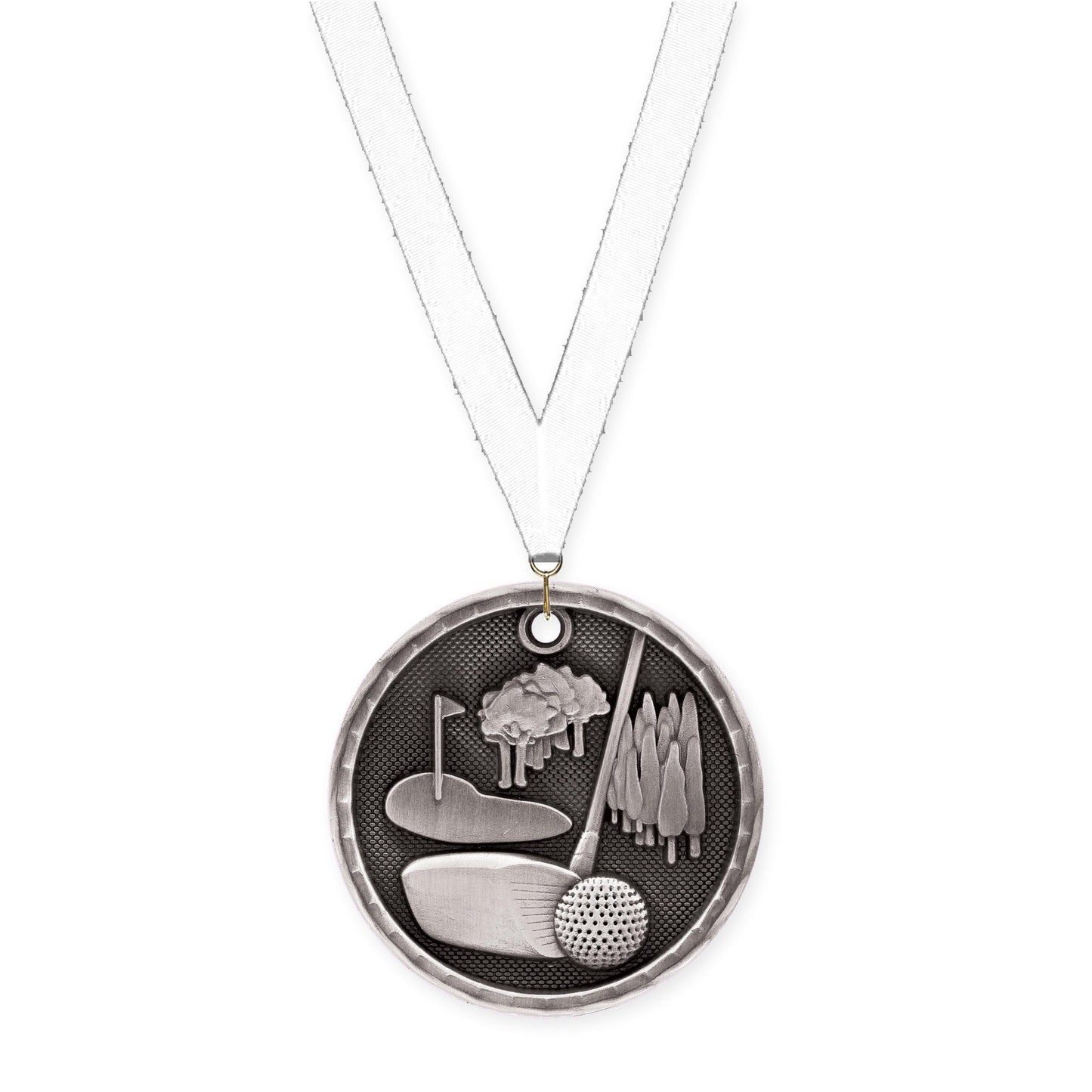 2 inch golf 3-D medal in antique silver with White neck ribbon
