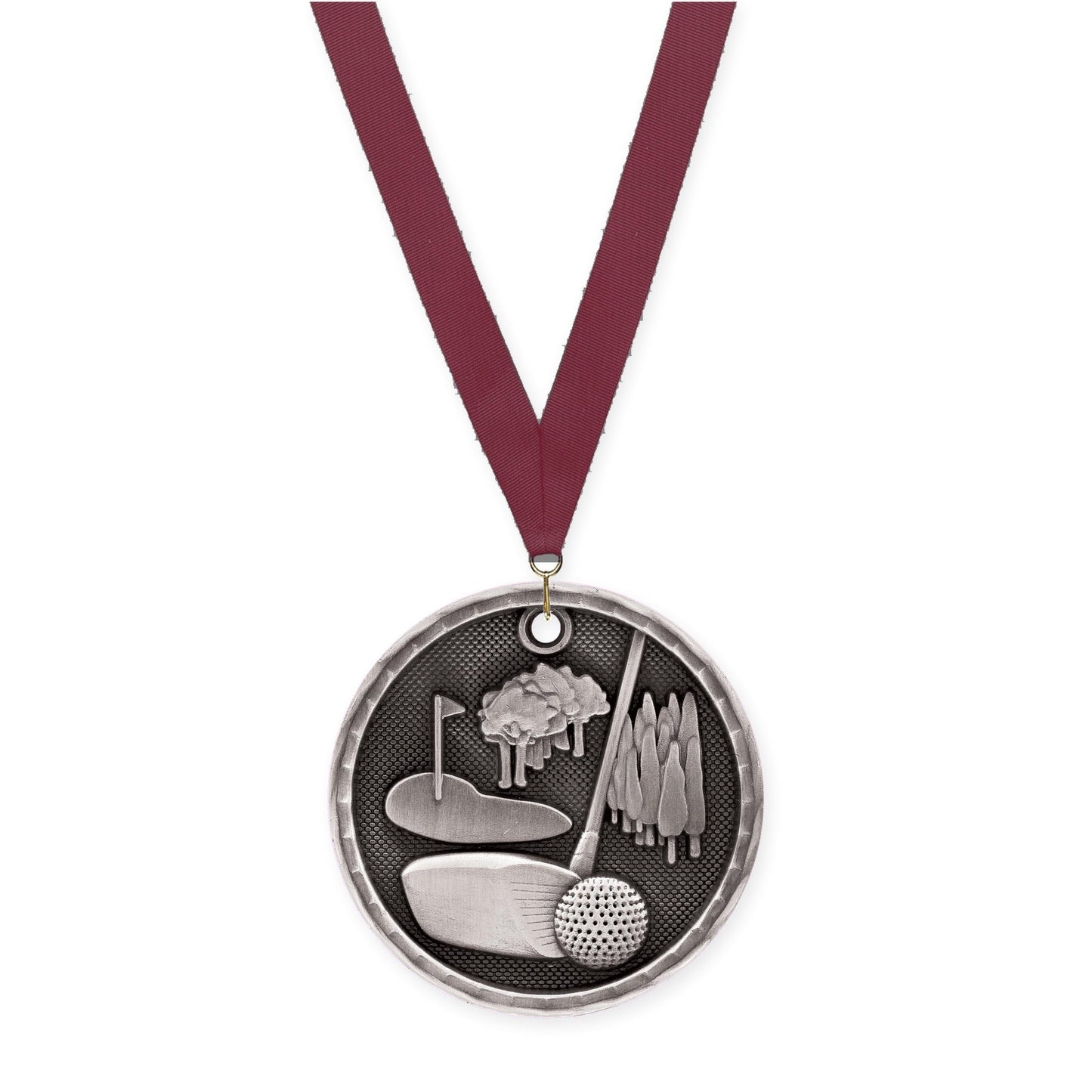 2 inch golf 3-D medal in antique silver with Maroon neck ribbon