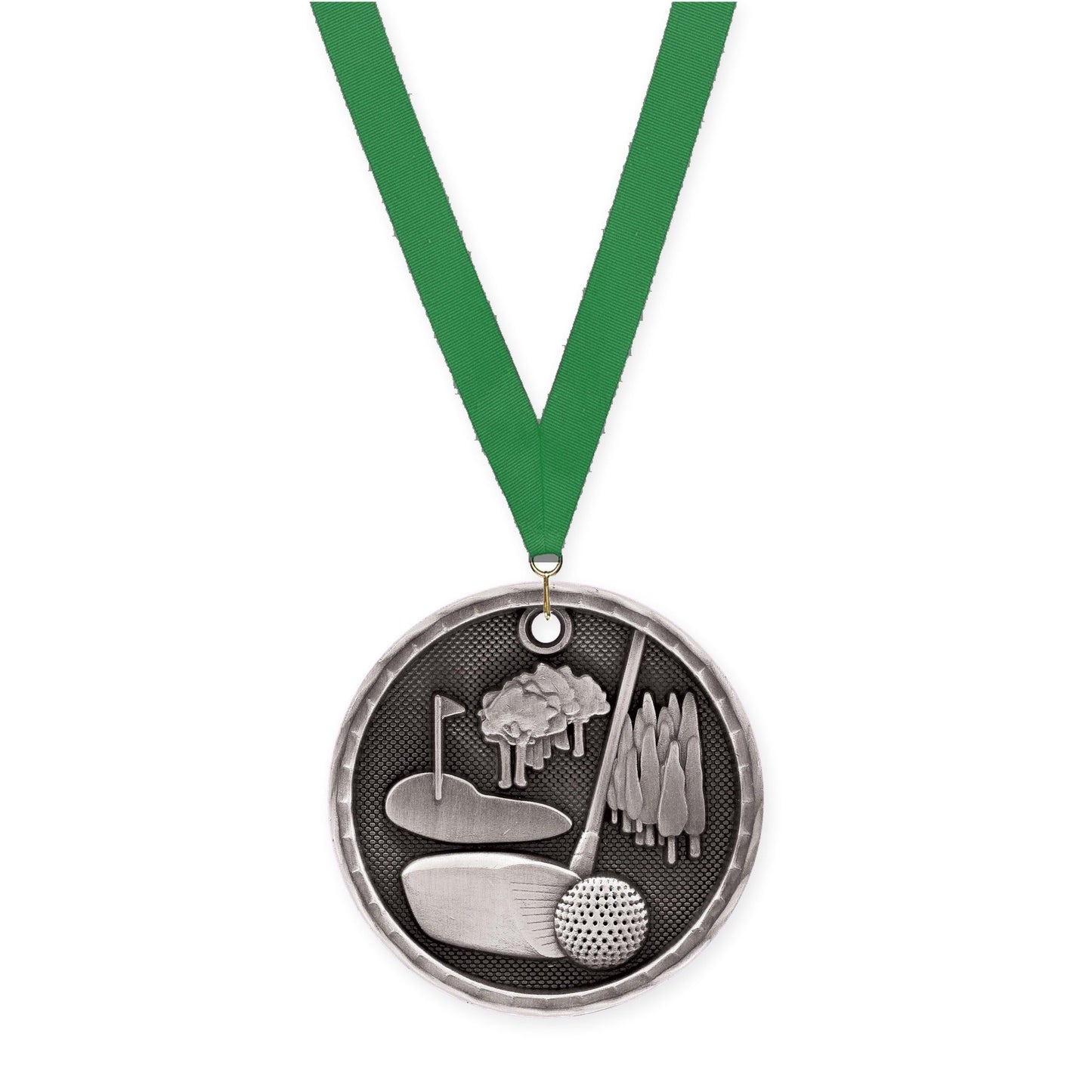 2 inch golf 3-D medal in antique silver with Green neck ribbon