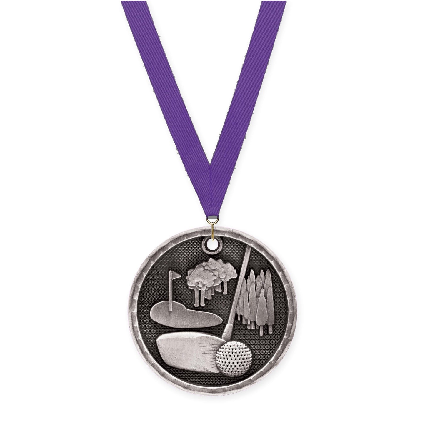 2 inch golf 3-D medal in antique silver with Purple neck ribbon