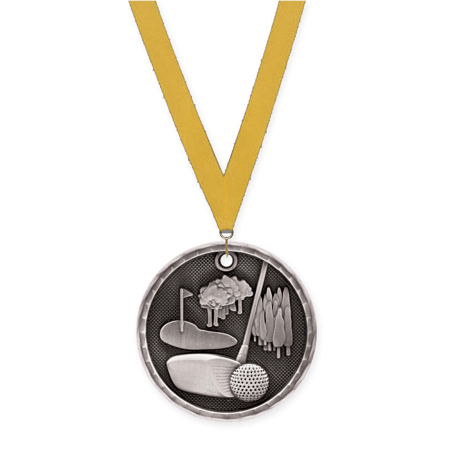 2 inch golf 3-D medal in antique silver with Gold neck ribbon