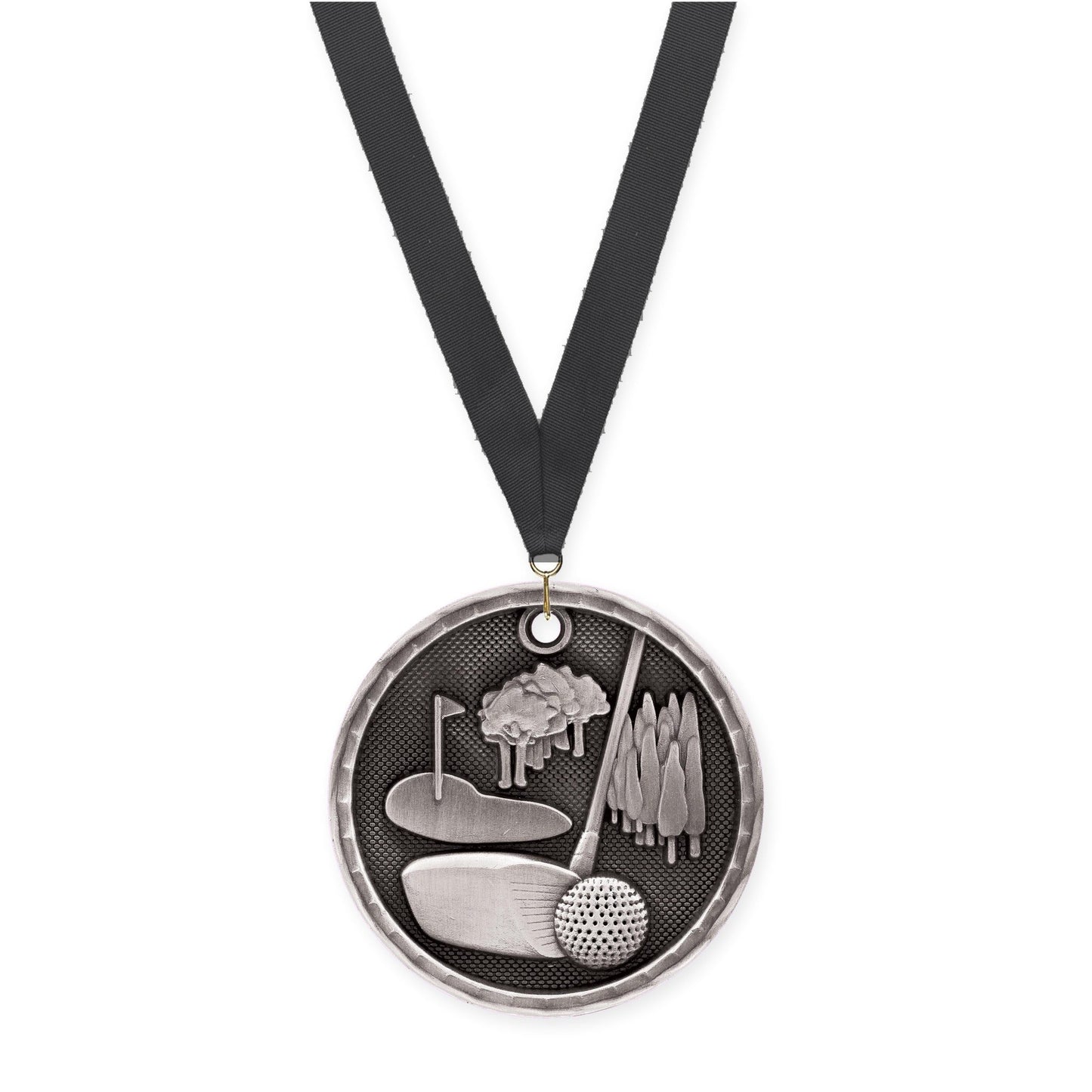 2 inch golf 3-D medal in antique silver with Black neck ribbon