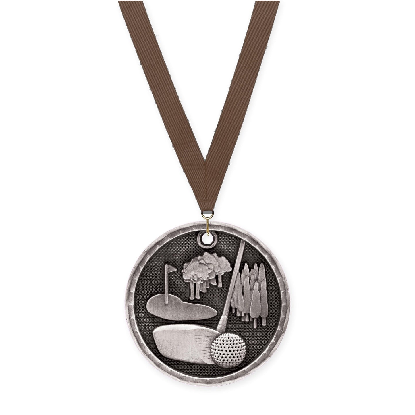 2 inch golf 3-D medal in antique silver with Brown neck ribbon