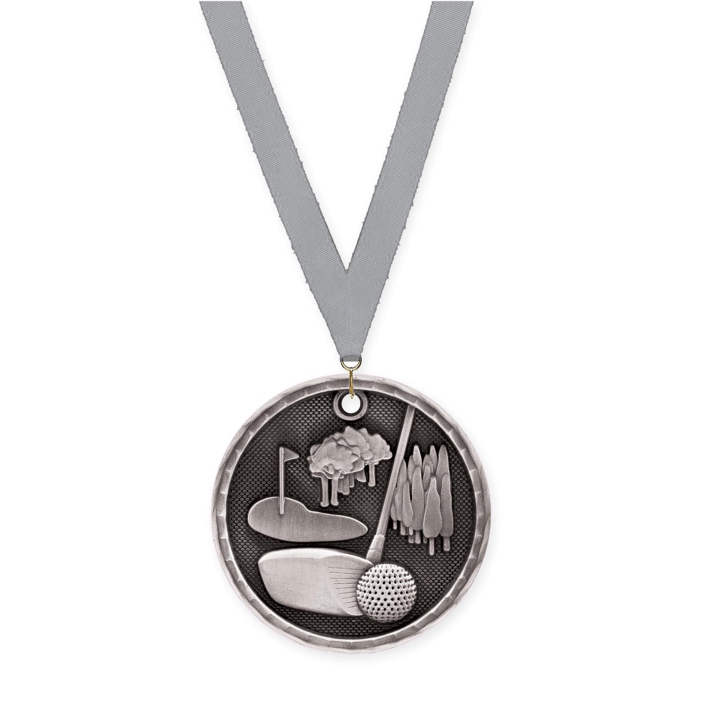 2 inch golf 3-D medal in antique silver with Gray neck ribbon