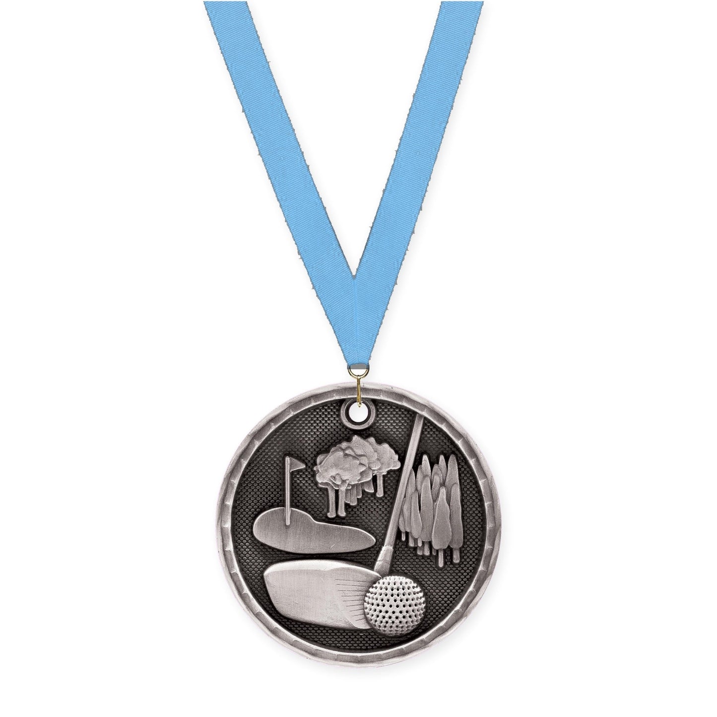 2 inch golf 3-D medal in antique silver with Light Blue neck ribbon
