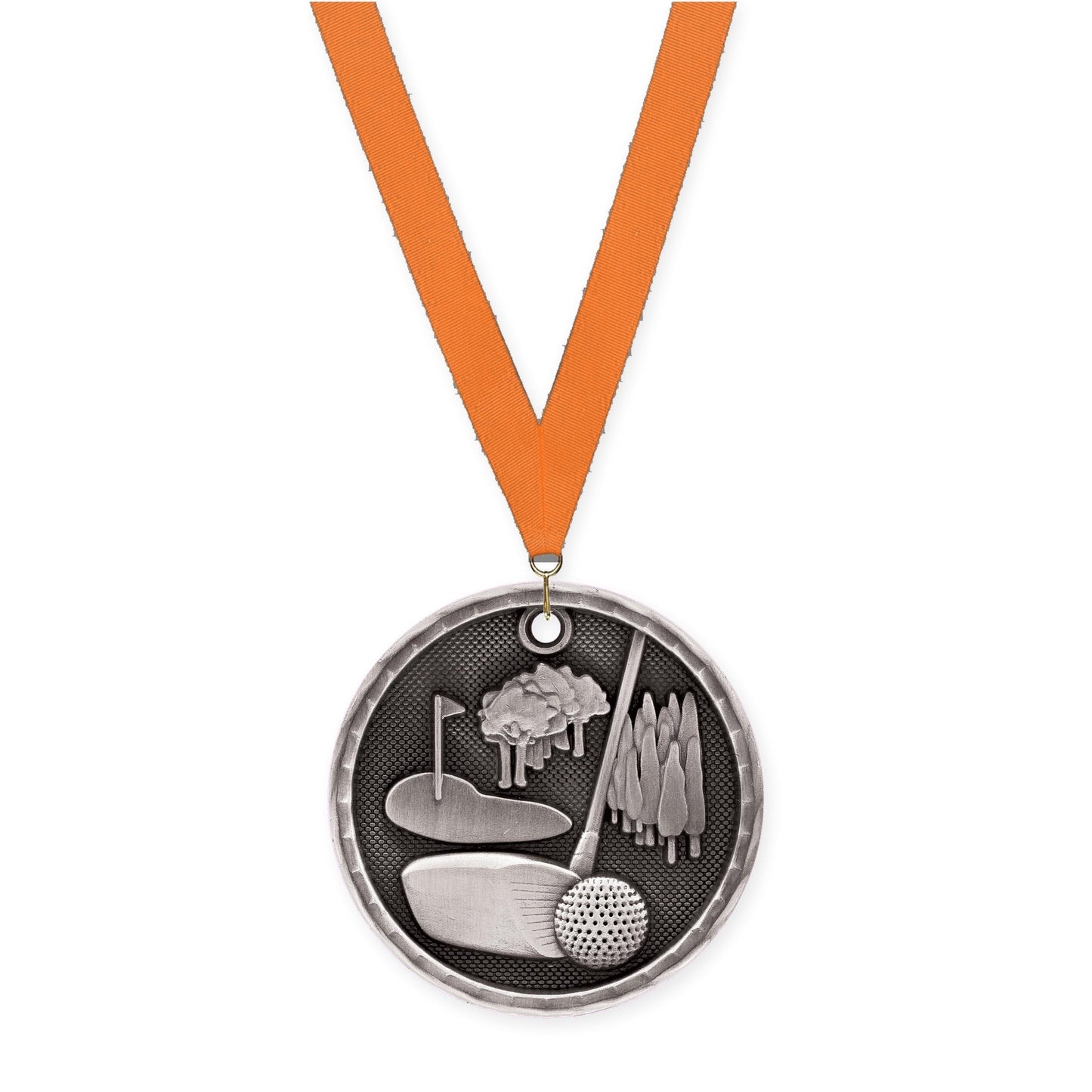 2 inch golf 3-D medal in antique silver with Orange neck ribbon