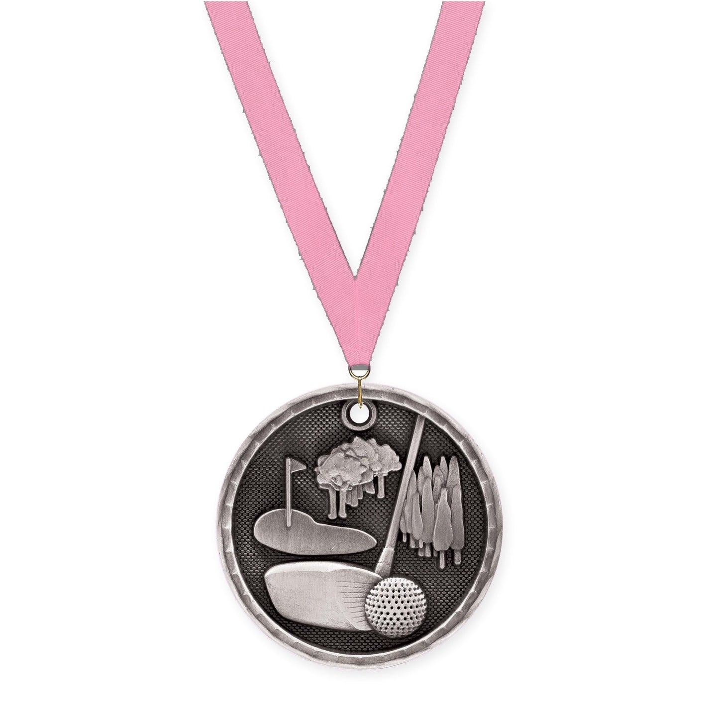 2 inch golf 3-D medal in antique silver with Pink neck ribbon