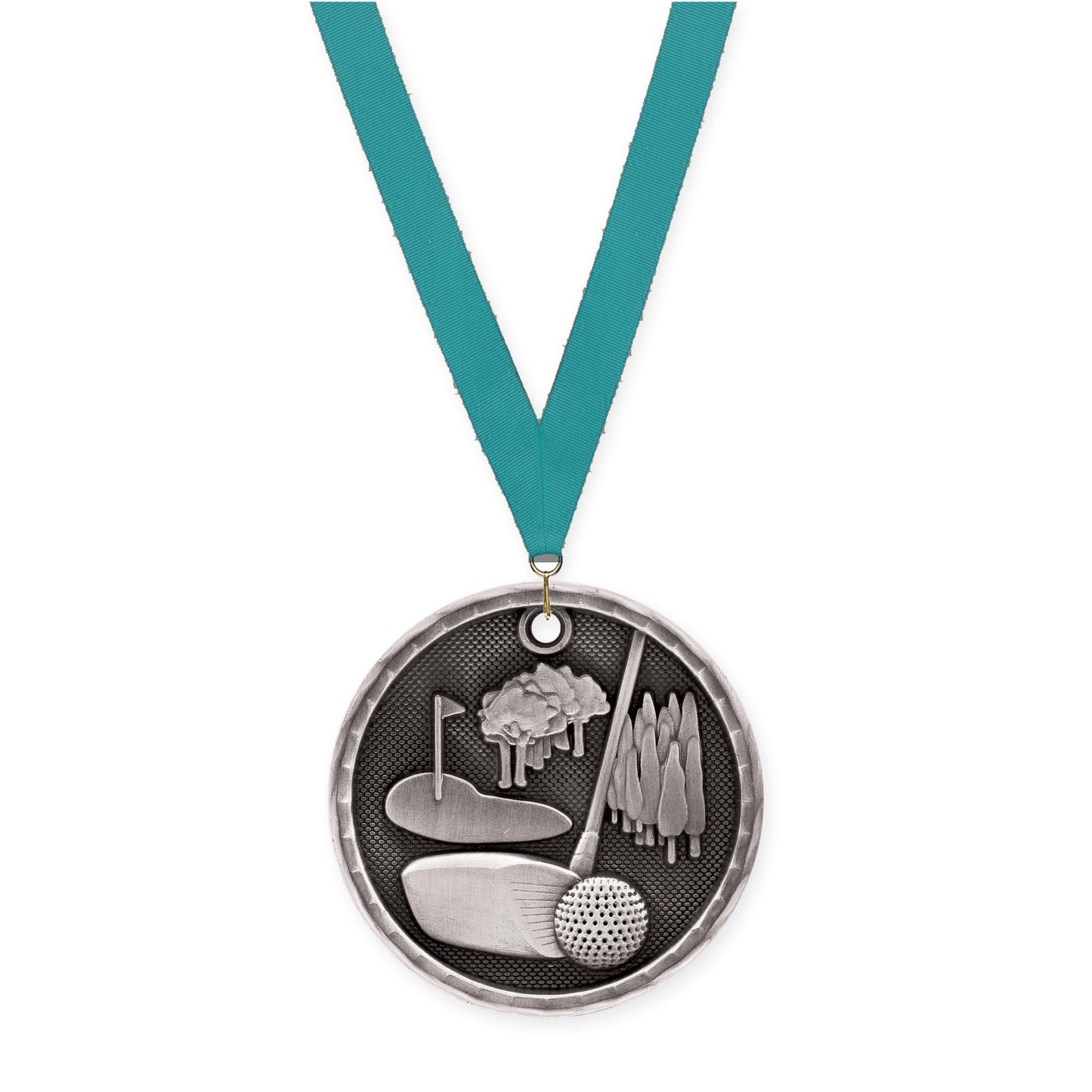 2 inch golf 3-D medal in antique silver with Teal neck ribbon