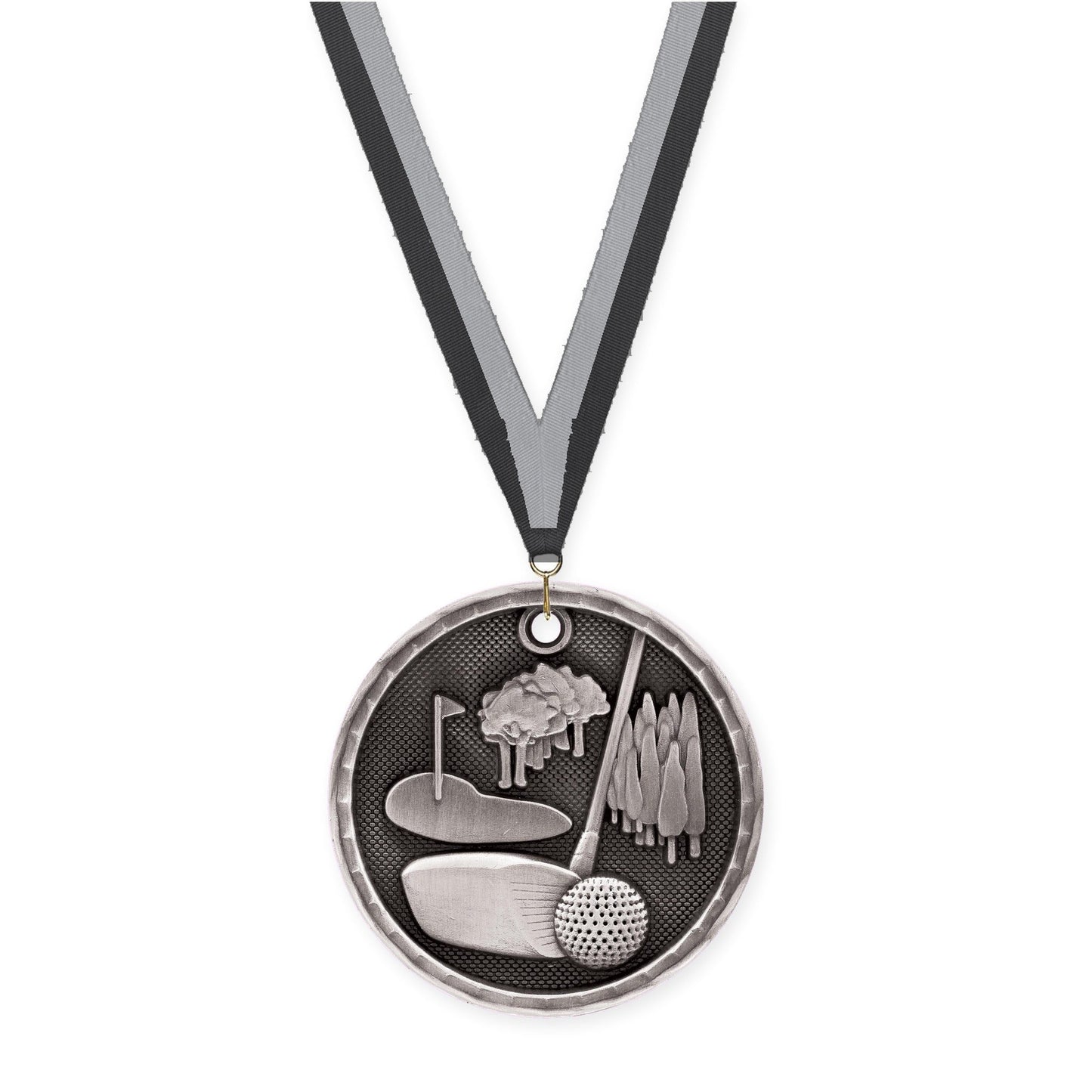 2 inch golf 3-D medal in antique silver with Black Gray neck ribbon