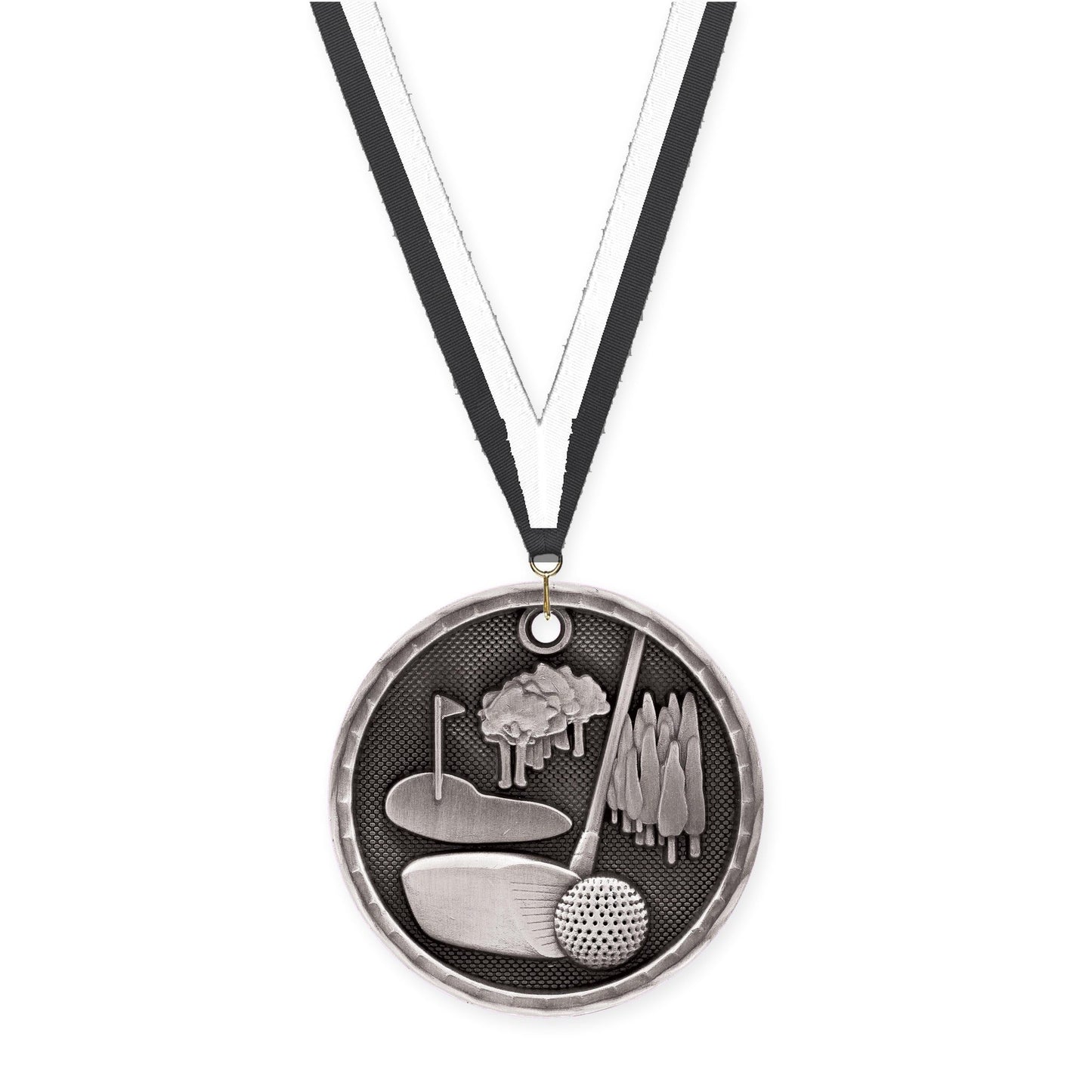 2 inch golf 3-D medal in antique silver with Black White neck ribbon