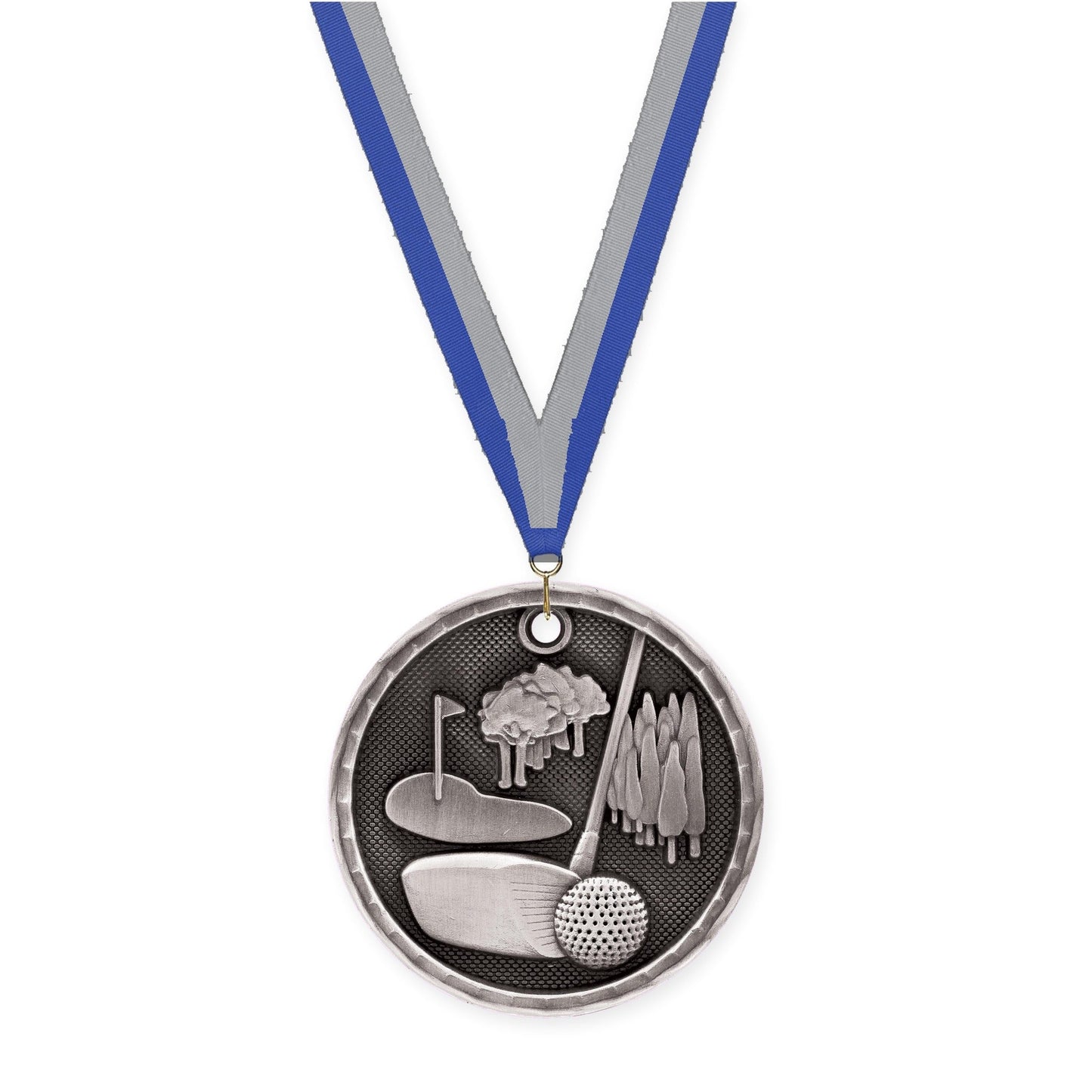 2 inch golf 3-D medal in antique silver with Blue Gray neck ribbon
