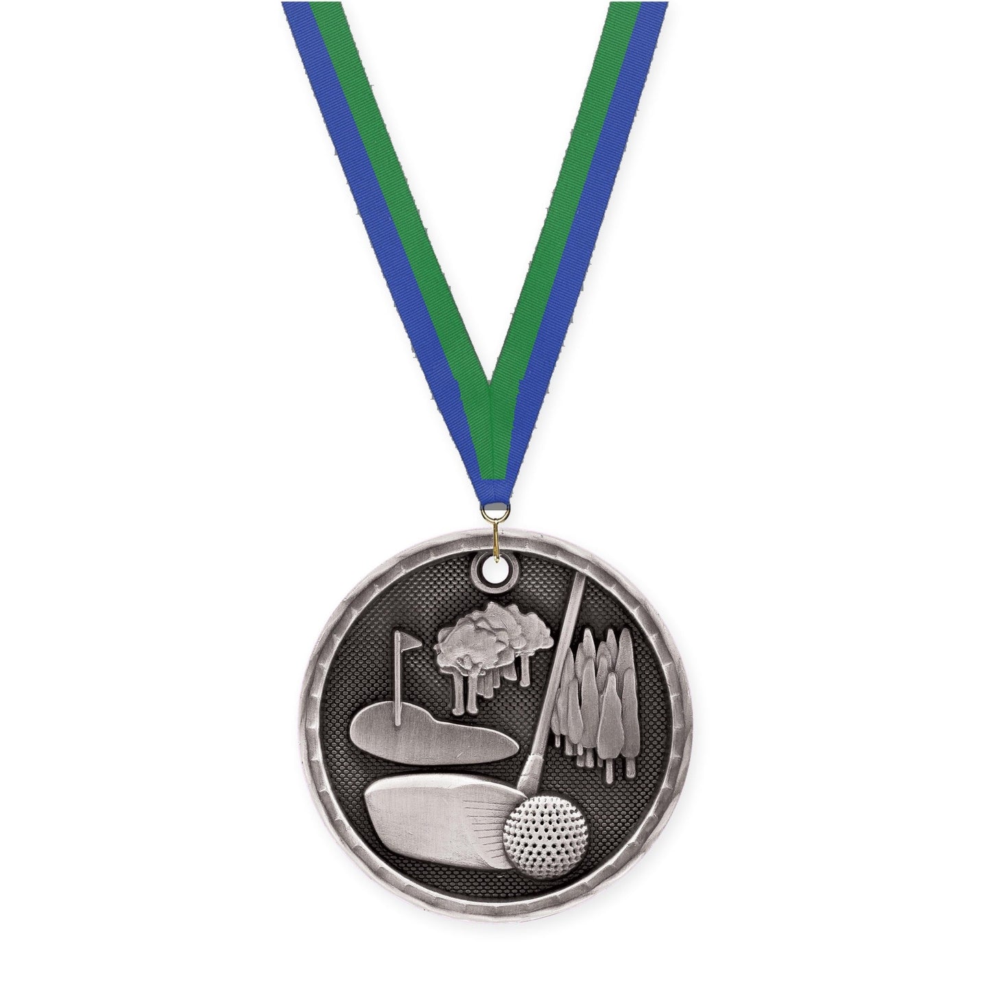 2 inch golf 3-D medal in antique silver with Blue Green neck ribbon