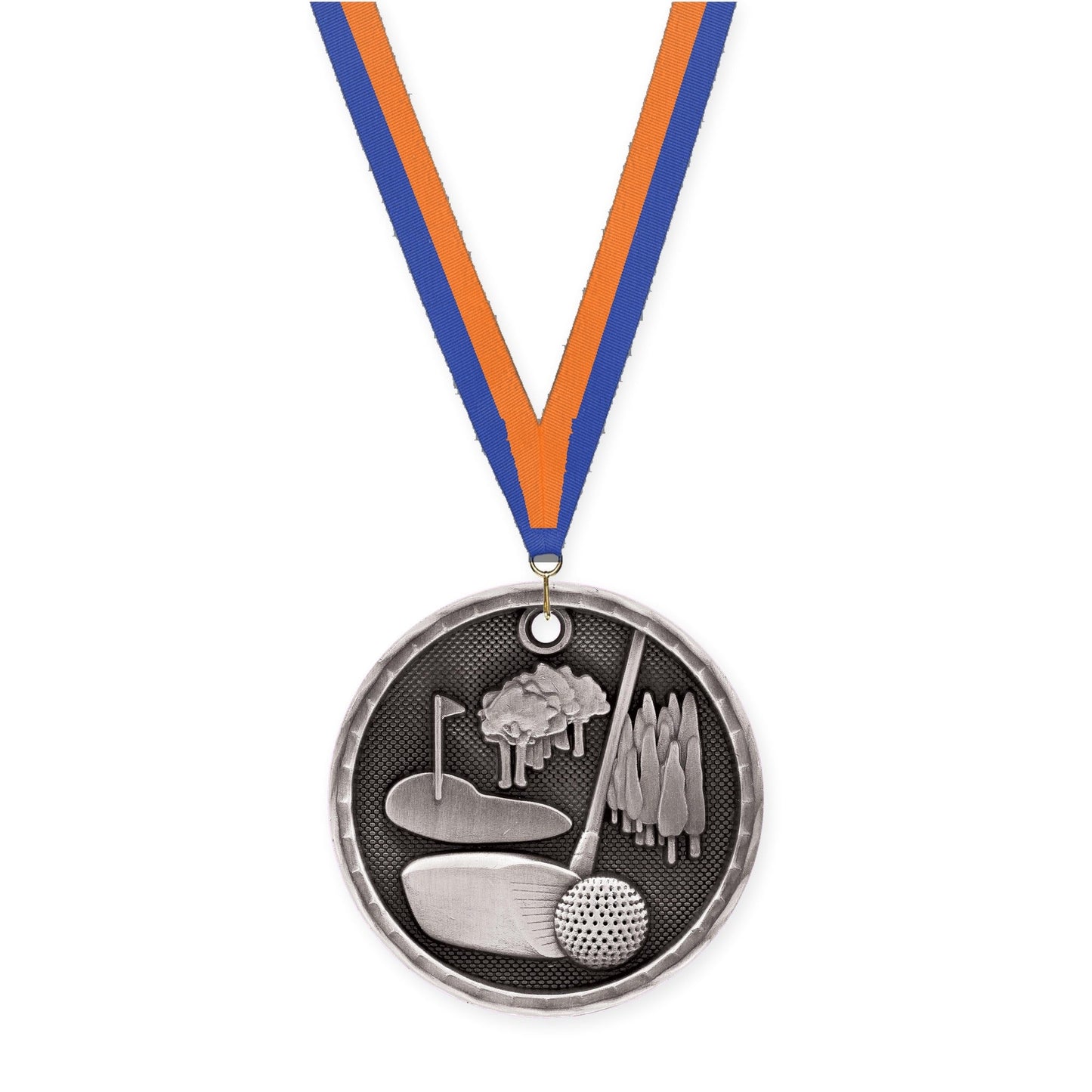 2 inch golf 3-D medal in antique silver with Blue Orange neck ribbon